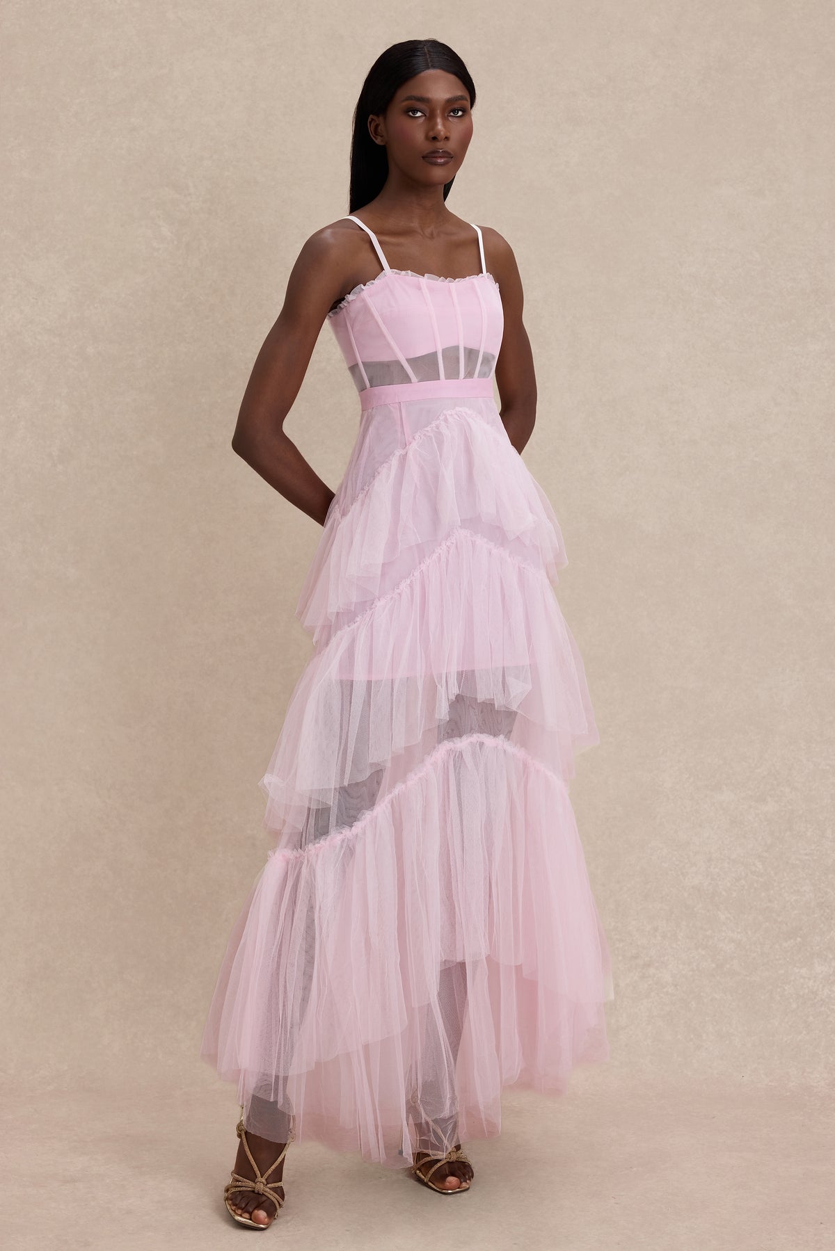Mesh See-Through Ruffle Maxi Dress