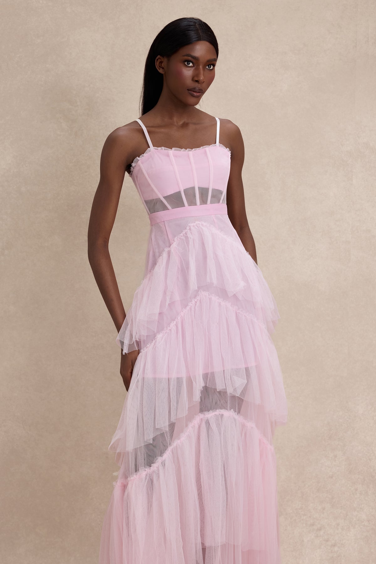 Mesh See-Through Ruffle Maxi Dress