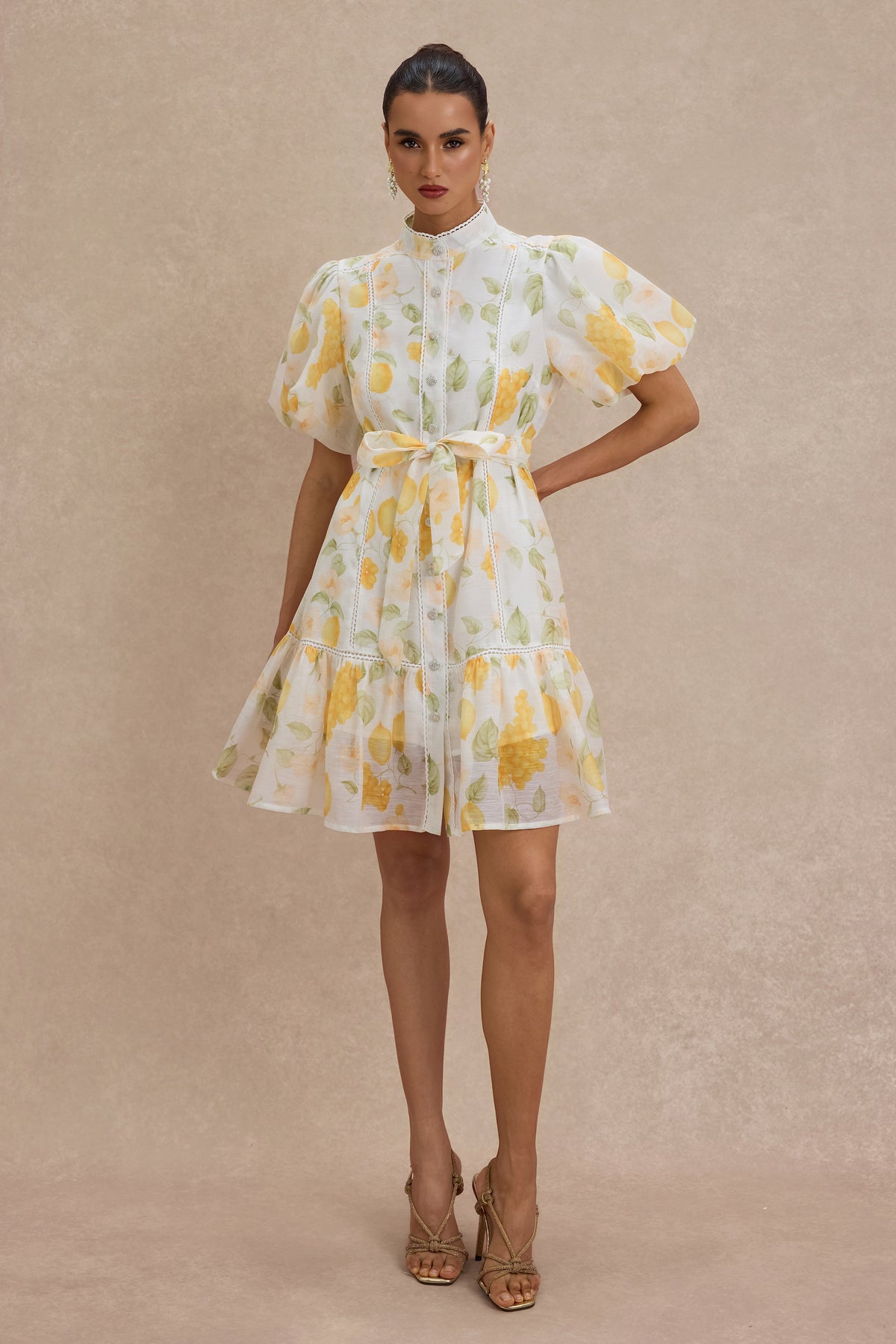 Fruit Print Lace Single Breasted Mini Dress