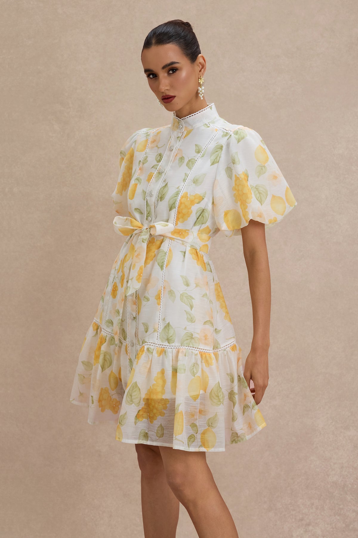 Fruit Print Lace Single Breasted Mini Dress
