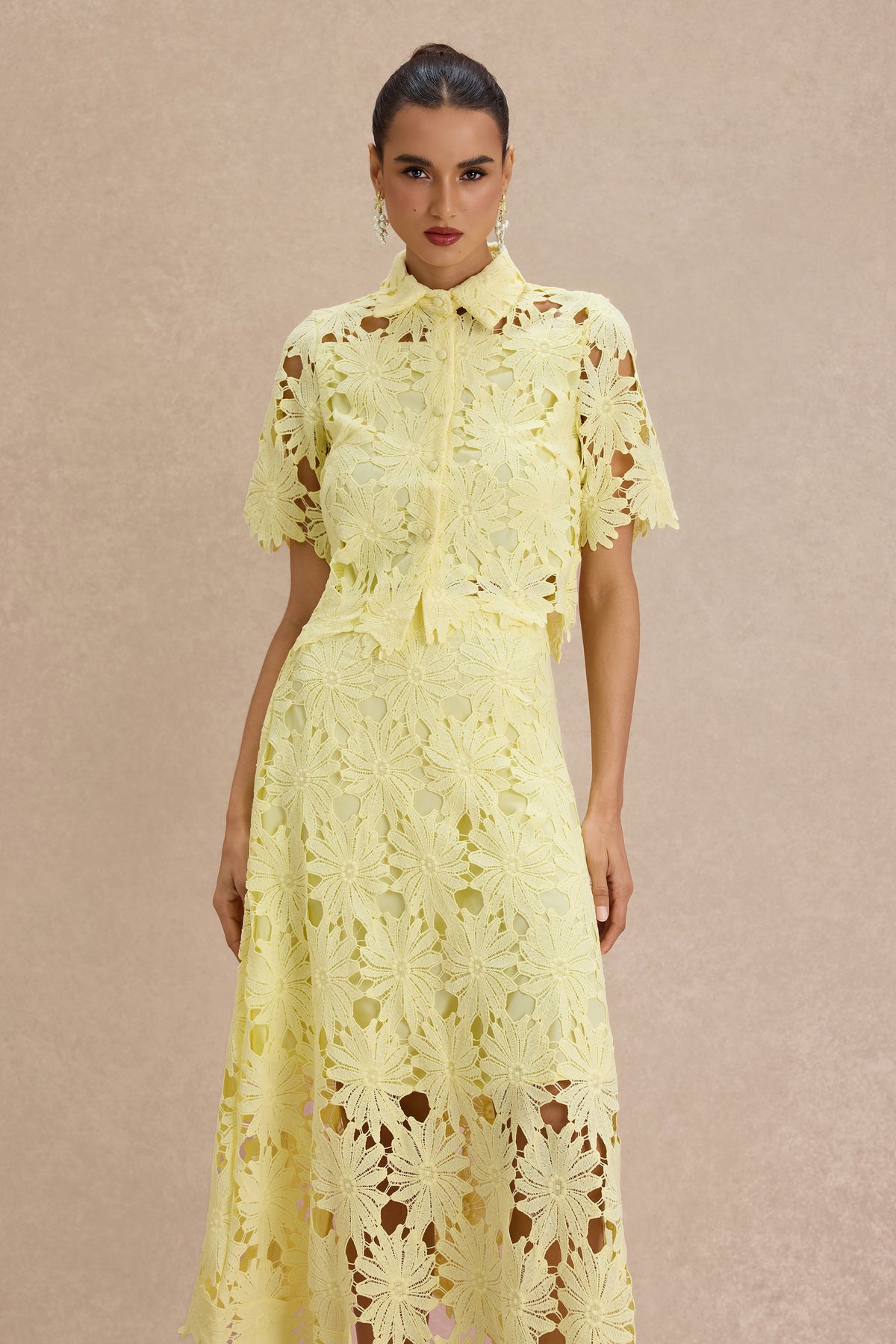Lace Shirt Collar Single Breasted Top & Midi Skirt Set