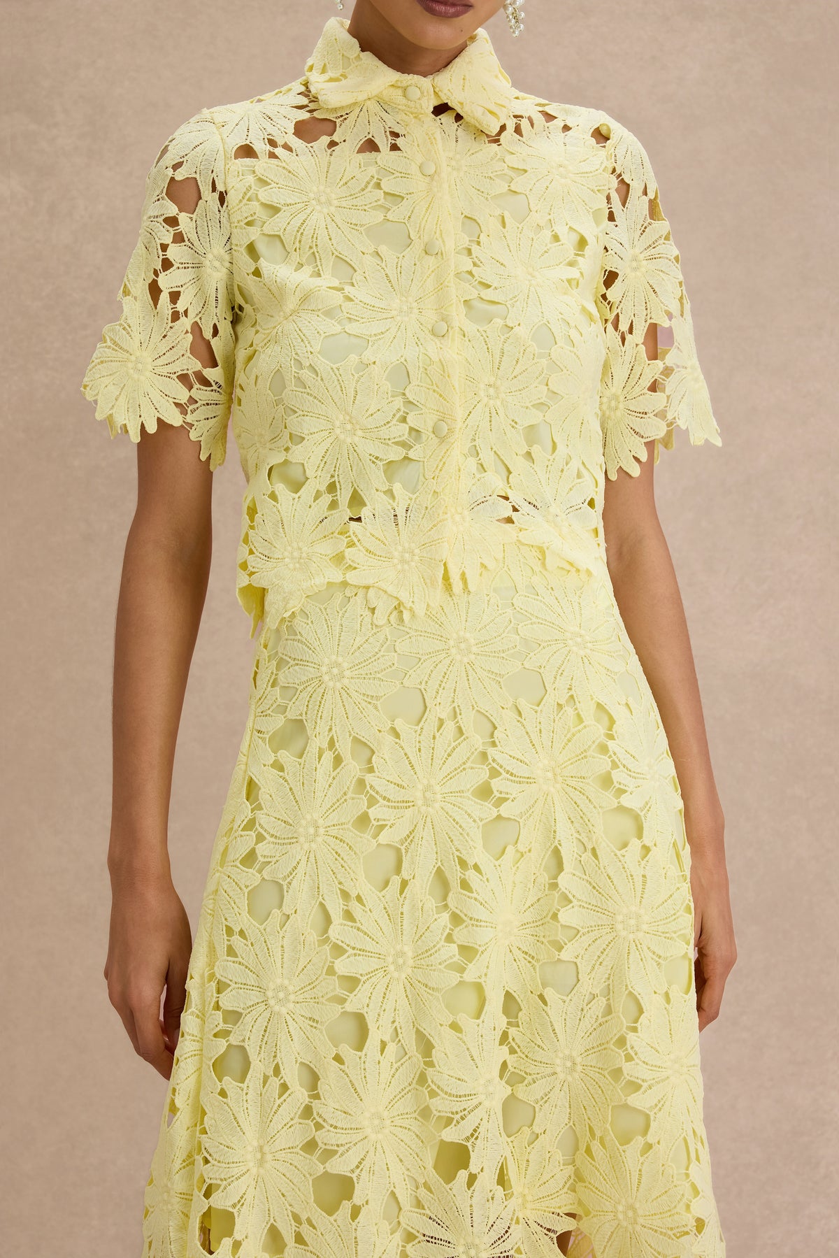 Lace Shirt Collar Single Breasted Top & Midi Skirt Set