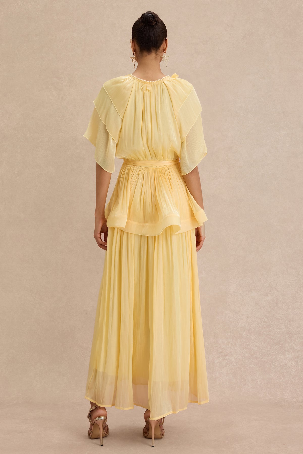 Faux Pearl Lace-Up Ruffle Maxi Dress