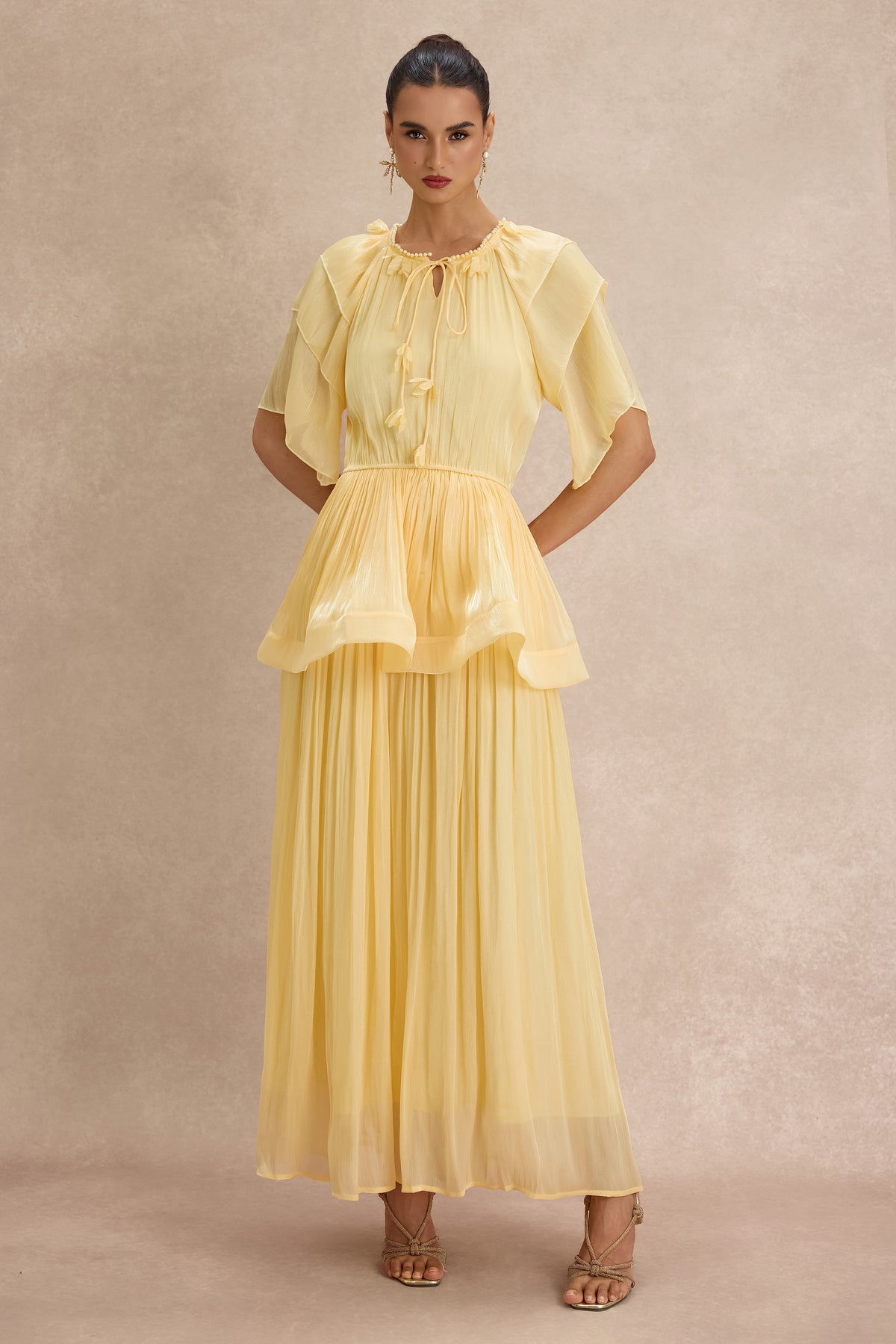 Faux Pearl Lace-Up Ruffle Maxi Dress