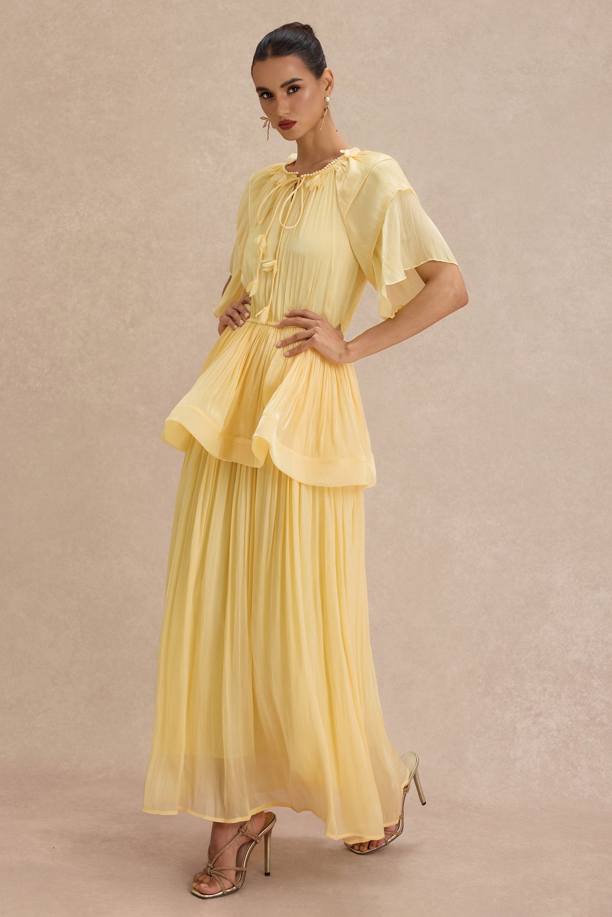 Faux Pearl Lace-Up Ruffle Maxi Dress