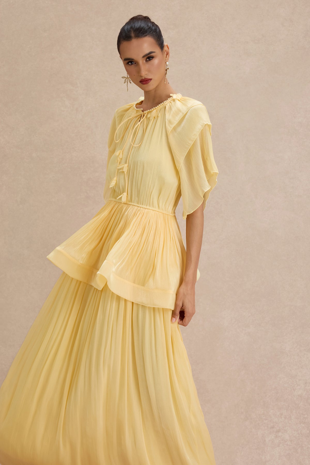 Faux Pearl Lace-Up Ruffle Maxi Dress