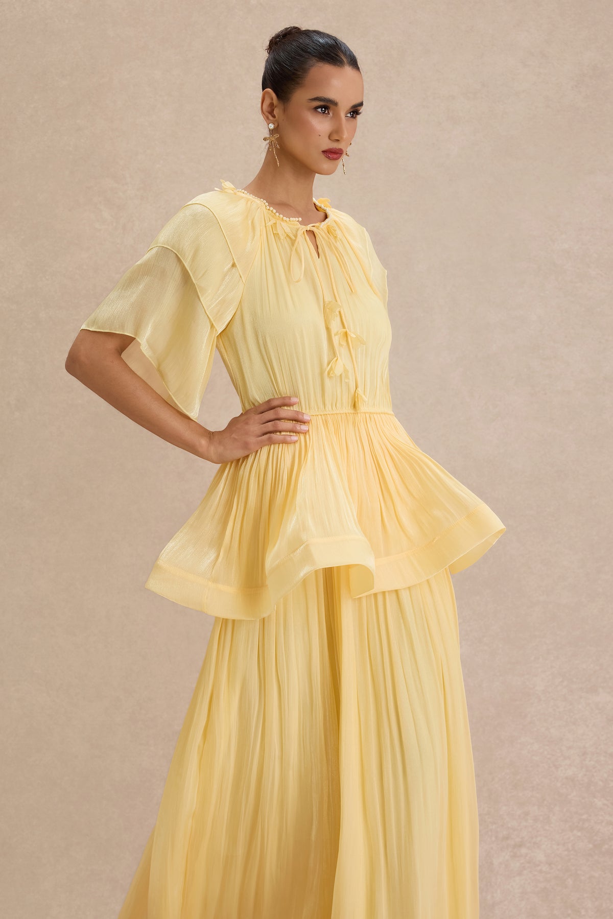 Faux Pearl Lace-Up Ruffle Maxi Dress