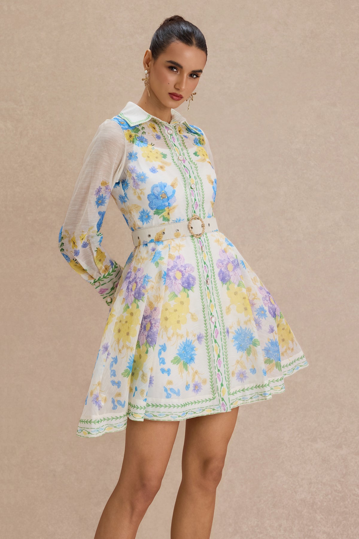 Floral Single Breasted Mini Dress With Belt