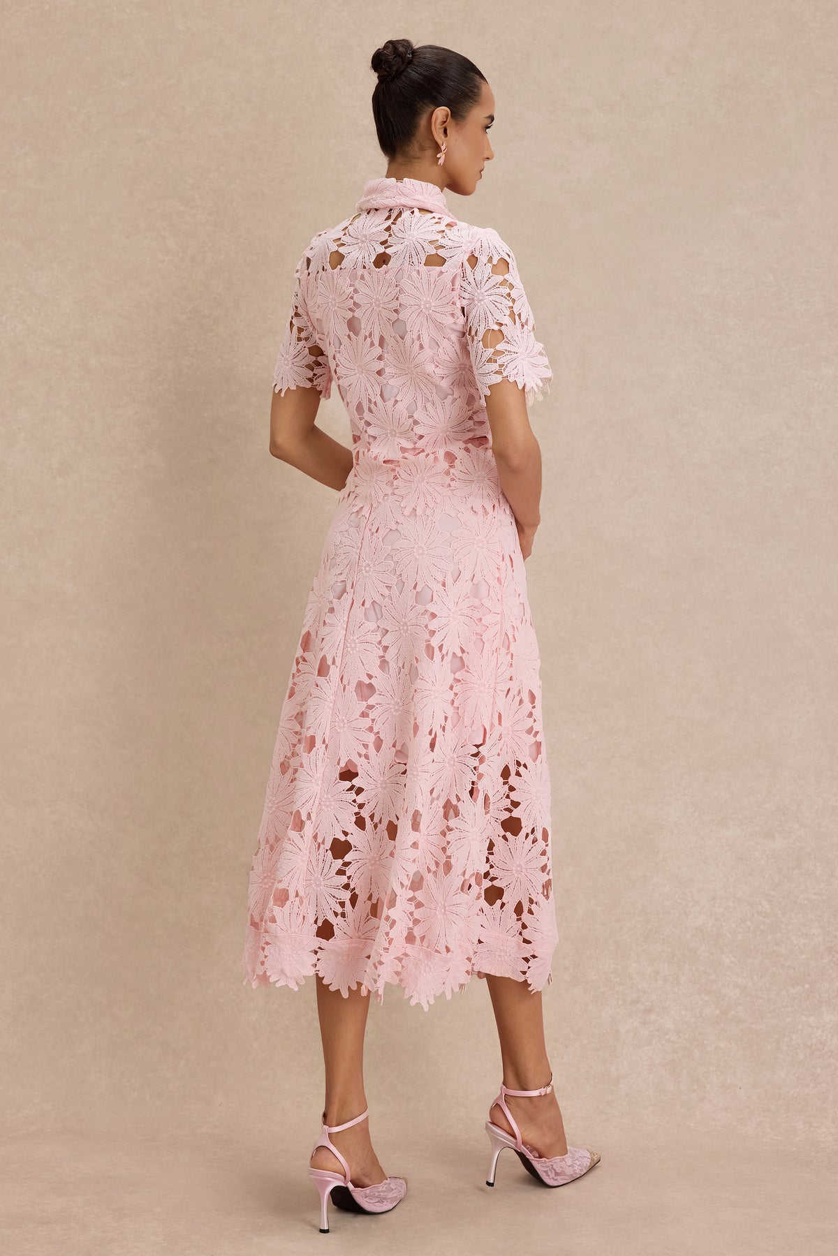 Lace Shirt Collar Single Breasted Top & Midi Skirt Set