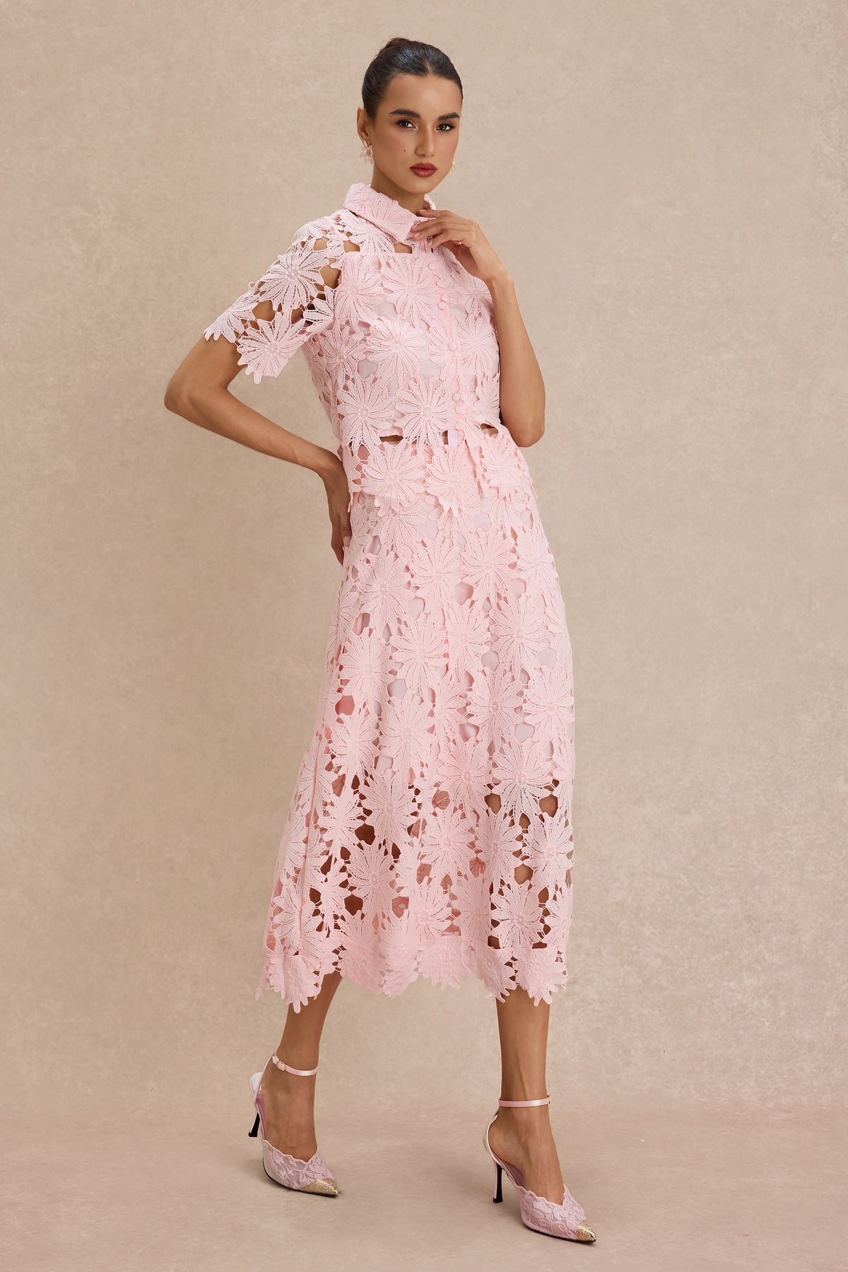 Lace Shirt Collar Single Breasted Top & Midi Skirt Set