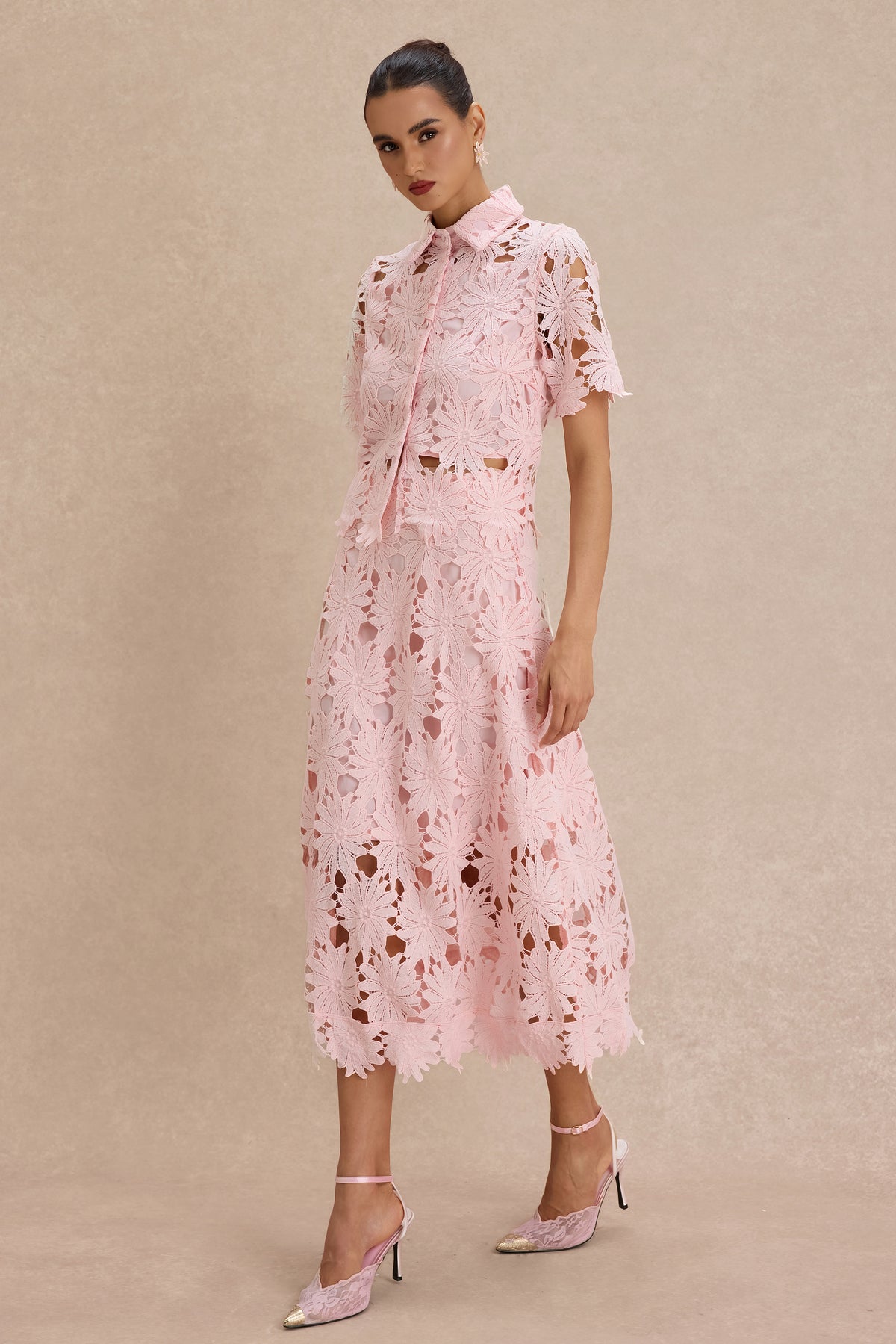 Lace Shirt Collar Single Breasted Top & Midi Skirt Set