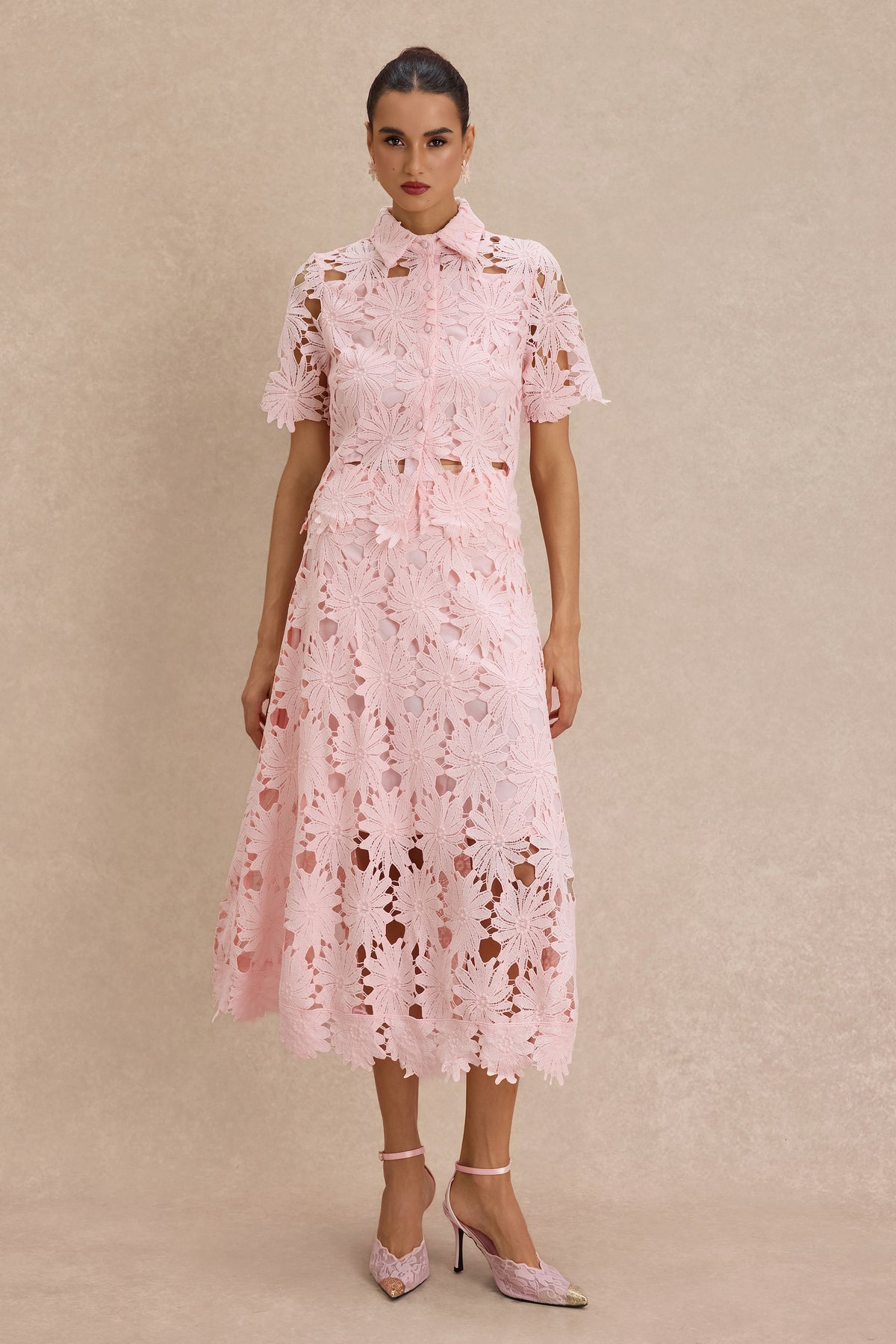 Lace Shirt Collar Single Breasted Top & Midi Skirt Set