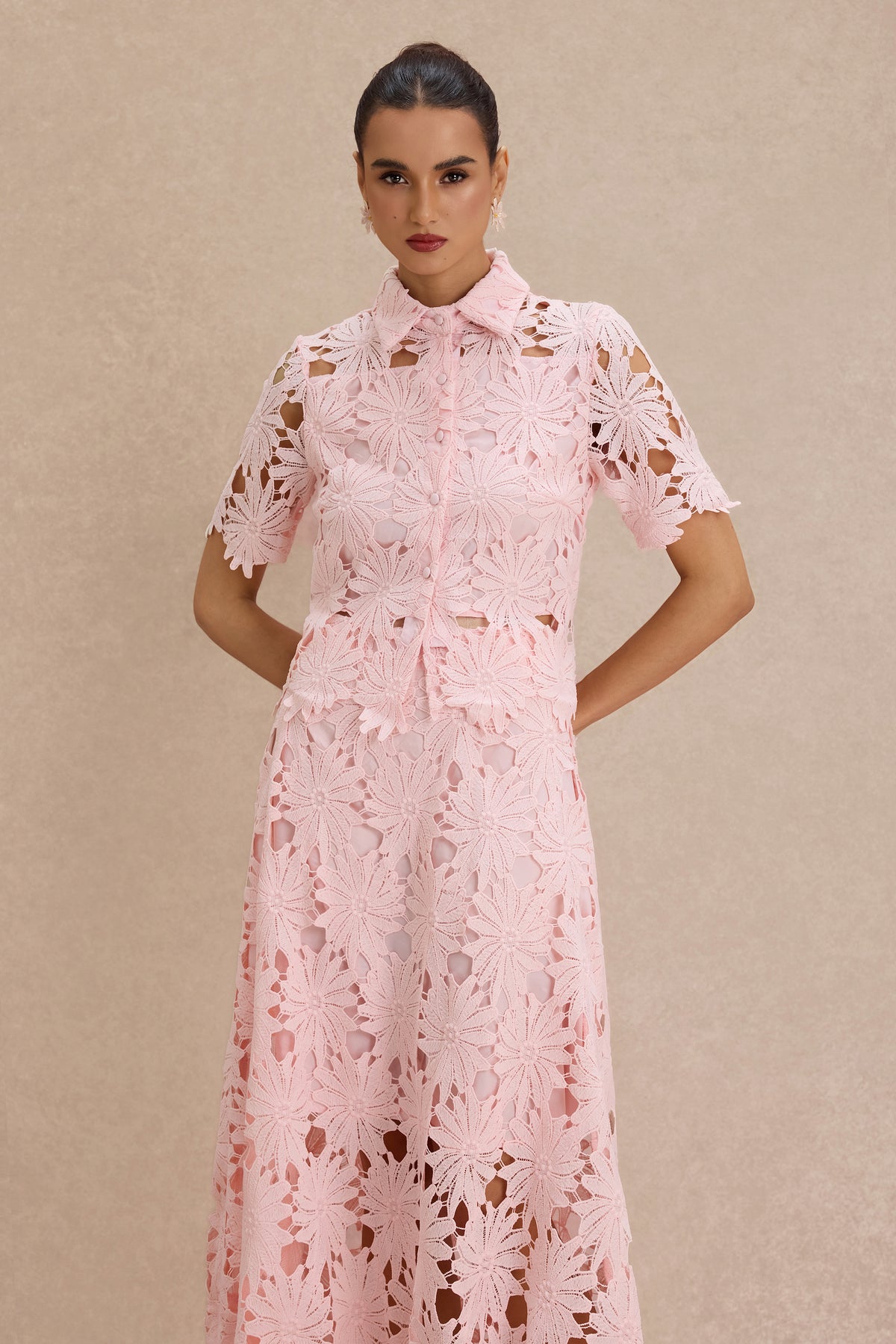 Lace Shirt Collar Single Breasted Top & Midi Skirt Set