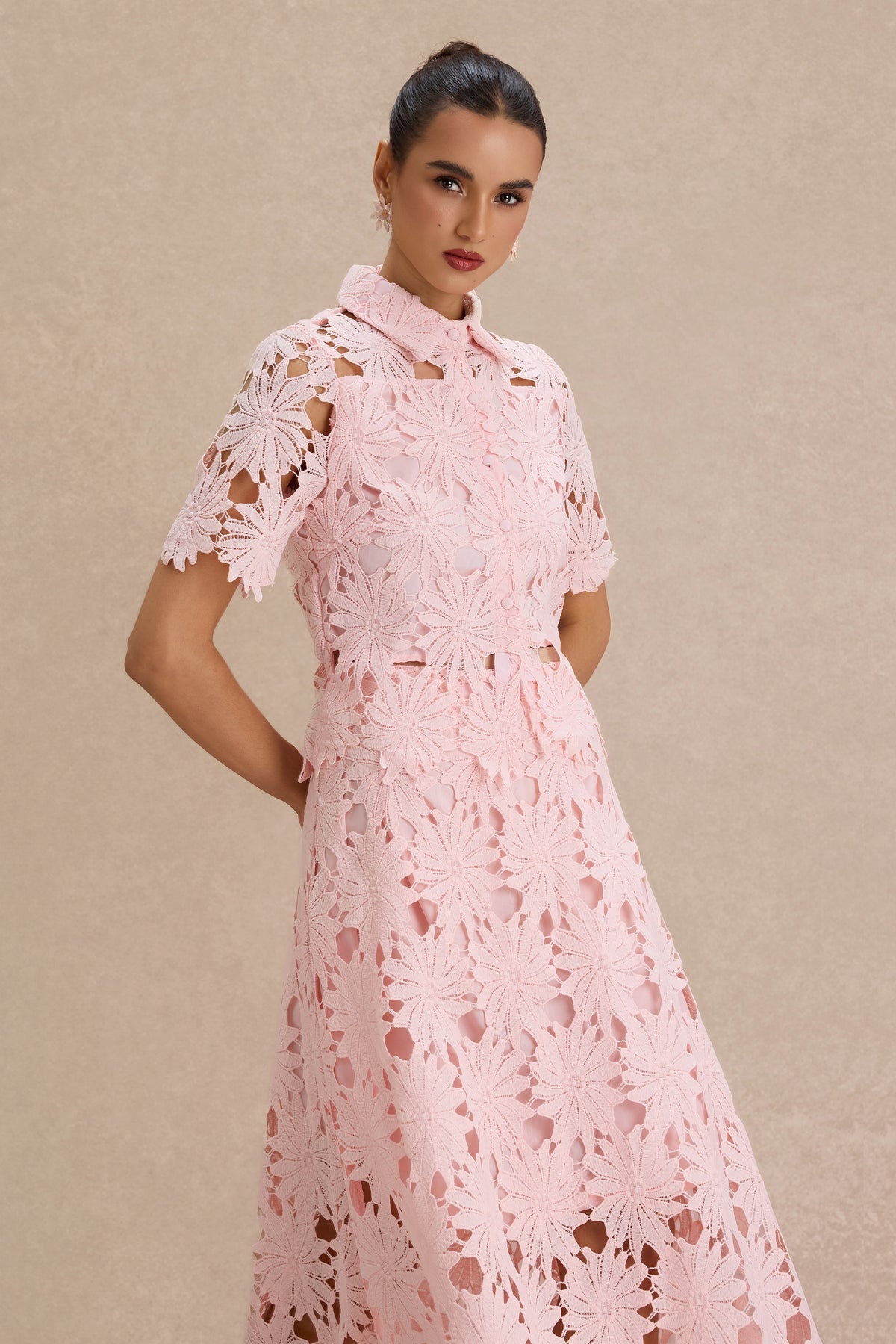 Lace Shirt Collar Single Breasted Top & Midi Skirt Set