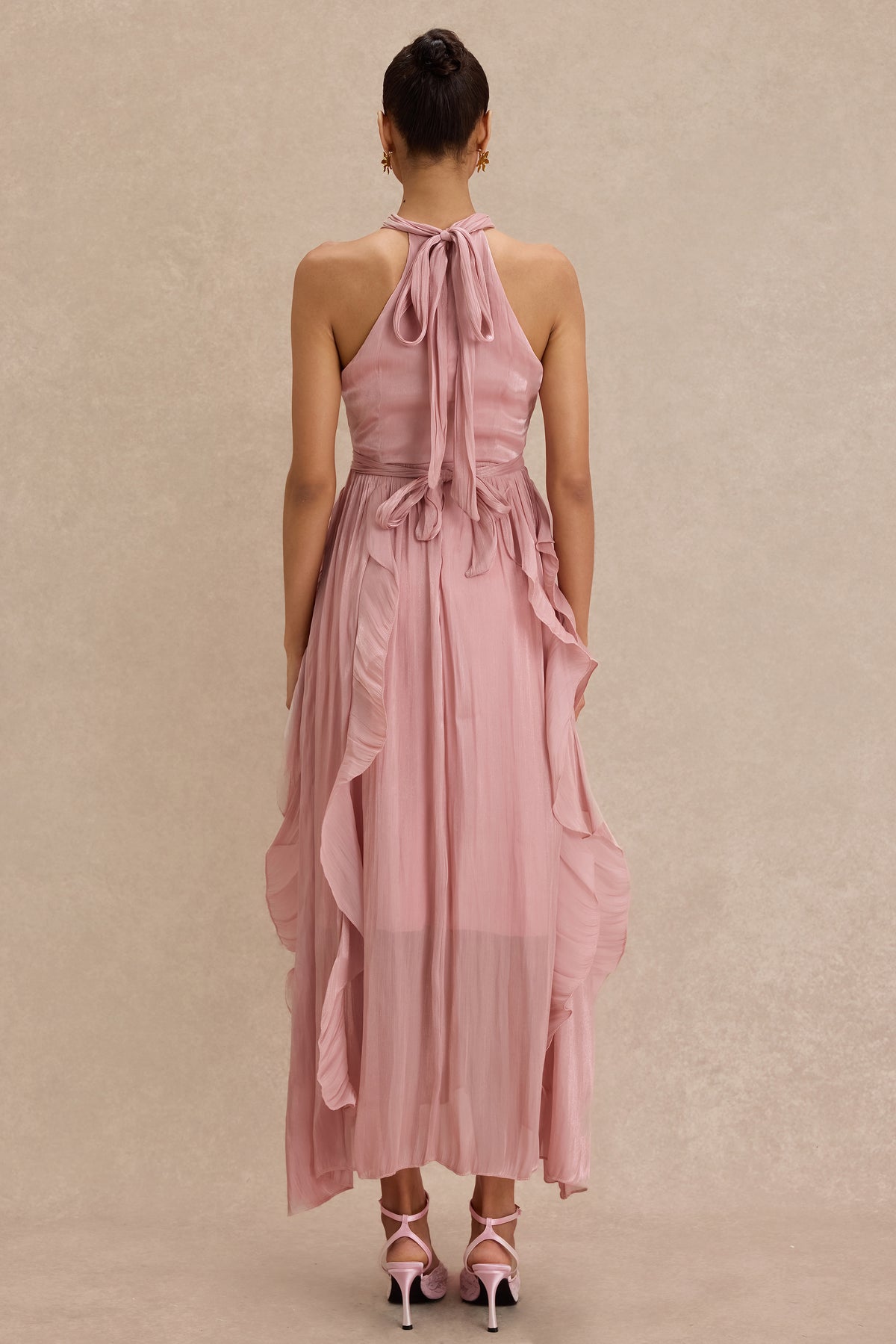 Satin Ruffle Sleeveless Midi Dress