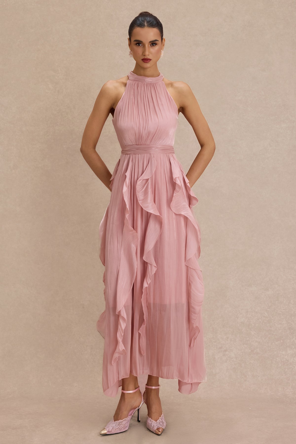 Satin Ruffle Sleeveless Midi Dress