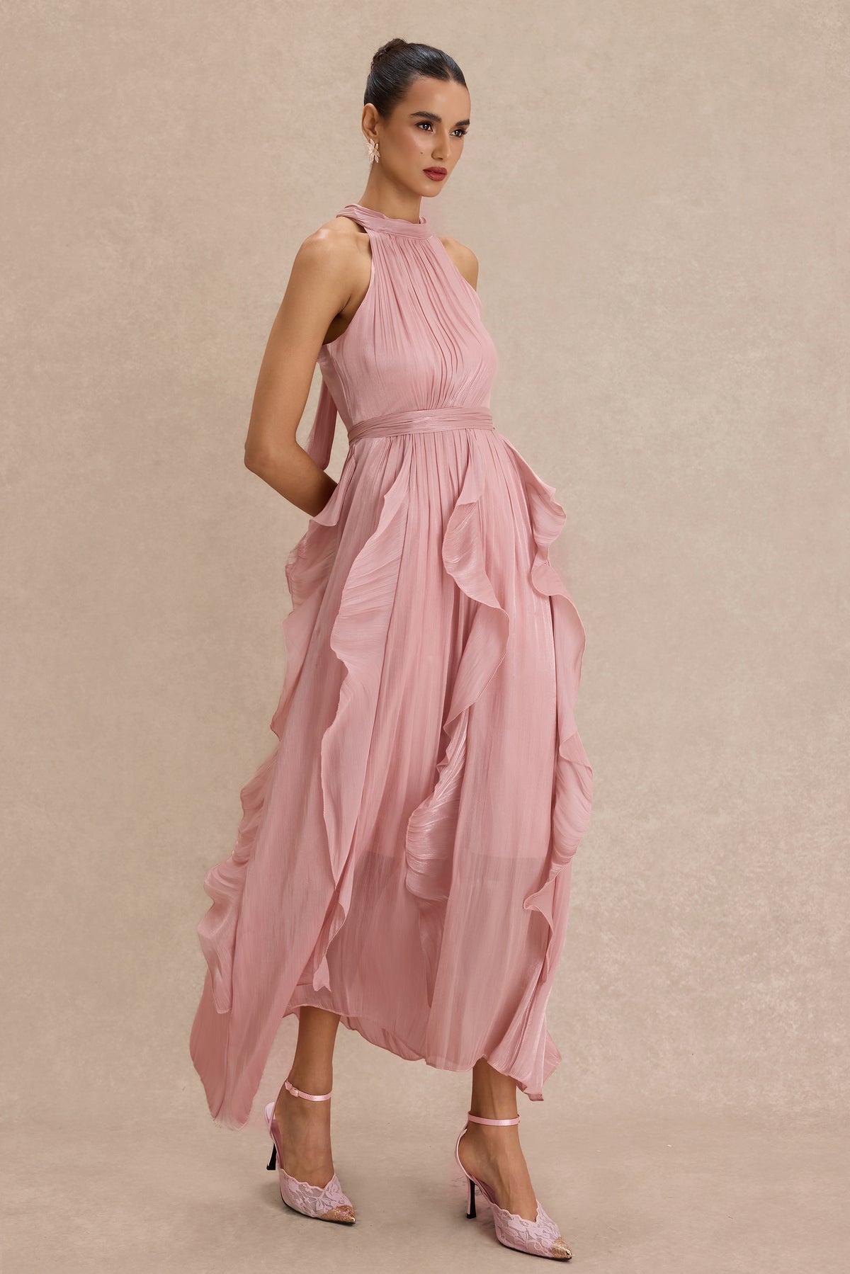 Satin Ruffle Sleeveless Midi Dress