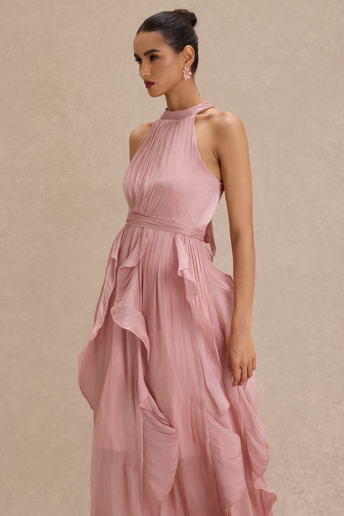 Satin Ruffle Sleeveless Midi Dress