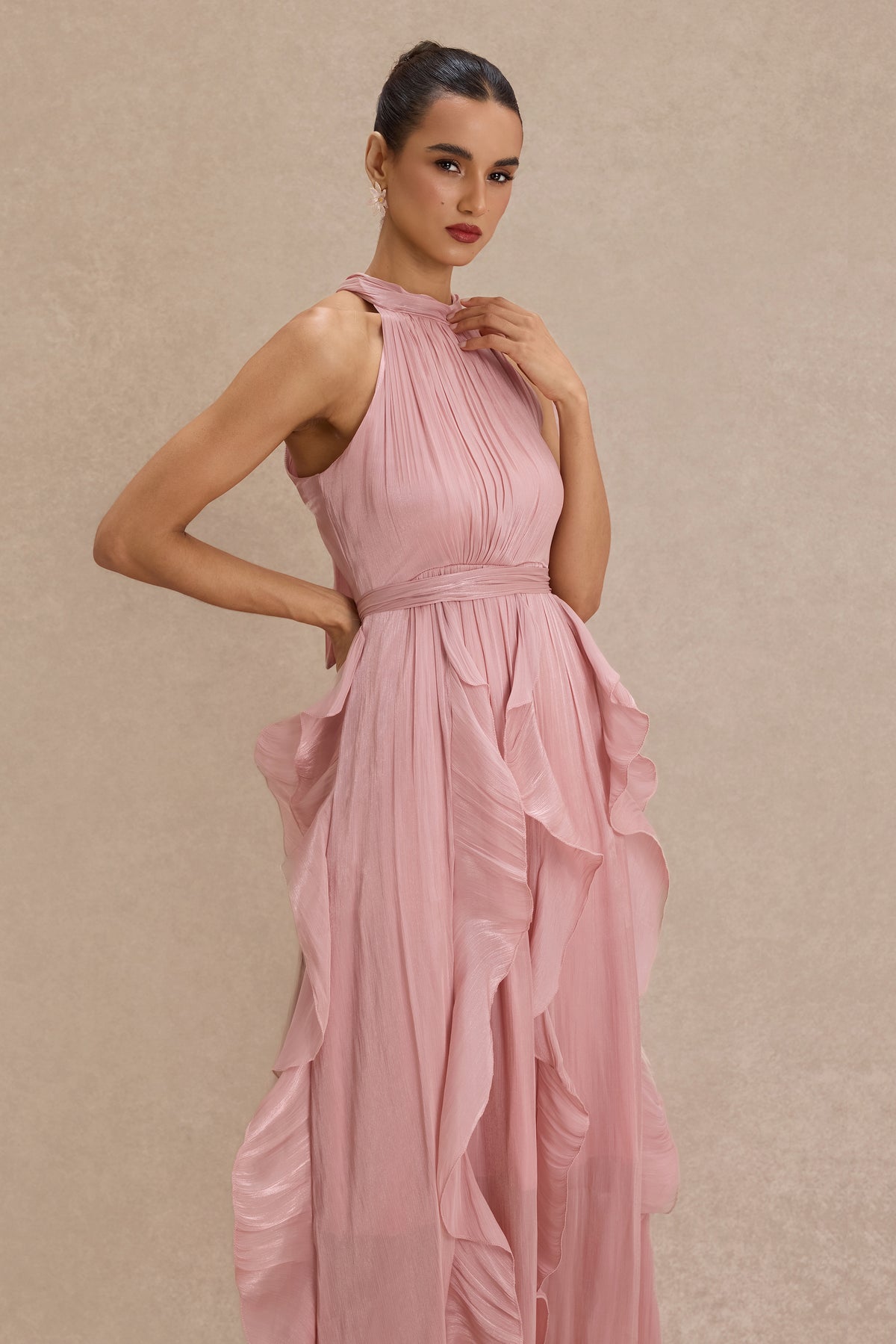 Satin Ruffle Sleeveless Midi Dress