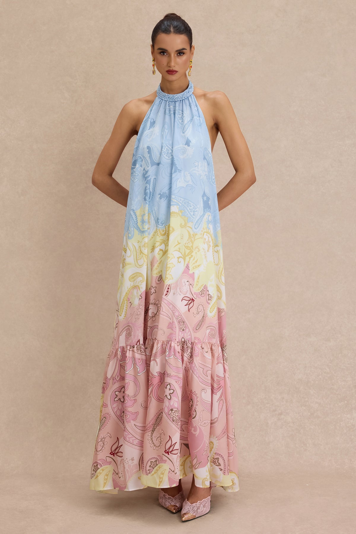 Paisley Print Halter Neck Backless Maxi Dress