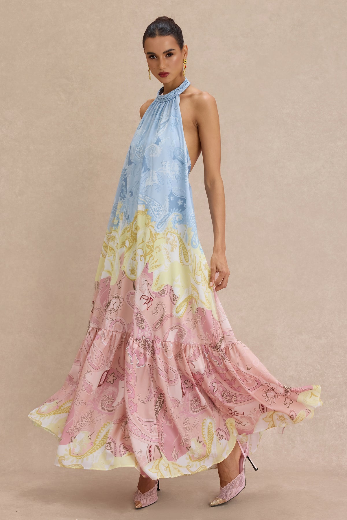 Paisley Print Halter Neck Backless Maxi Dress