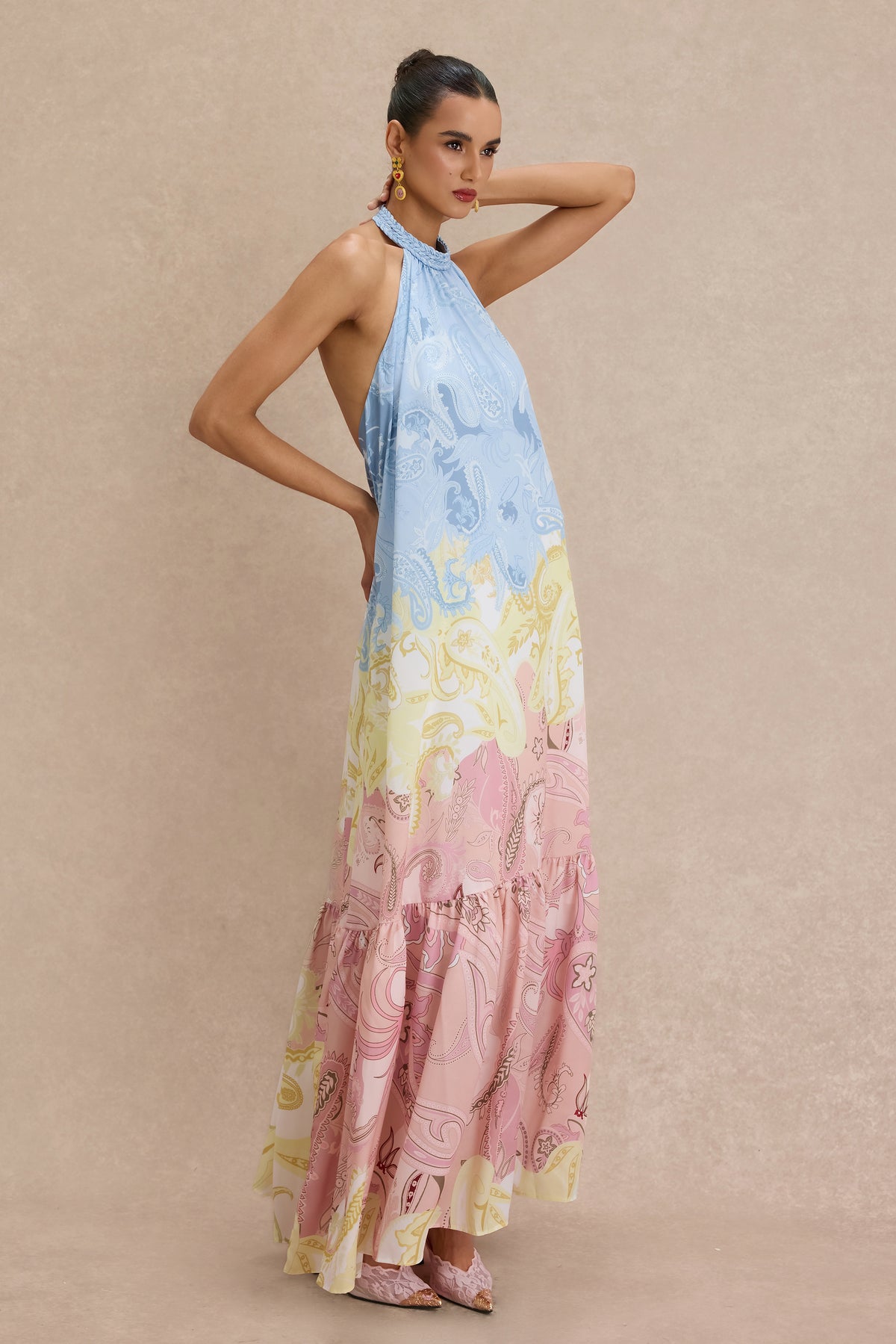 Paisley Print Halter Neck Backless Maxi Dress