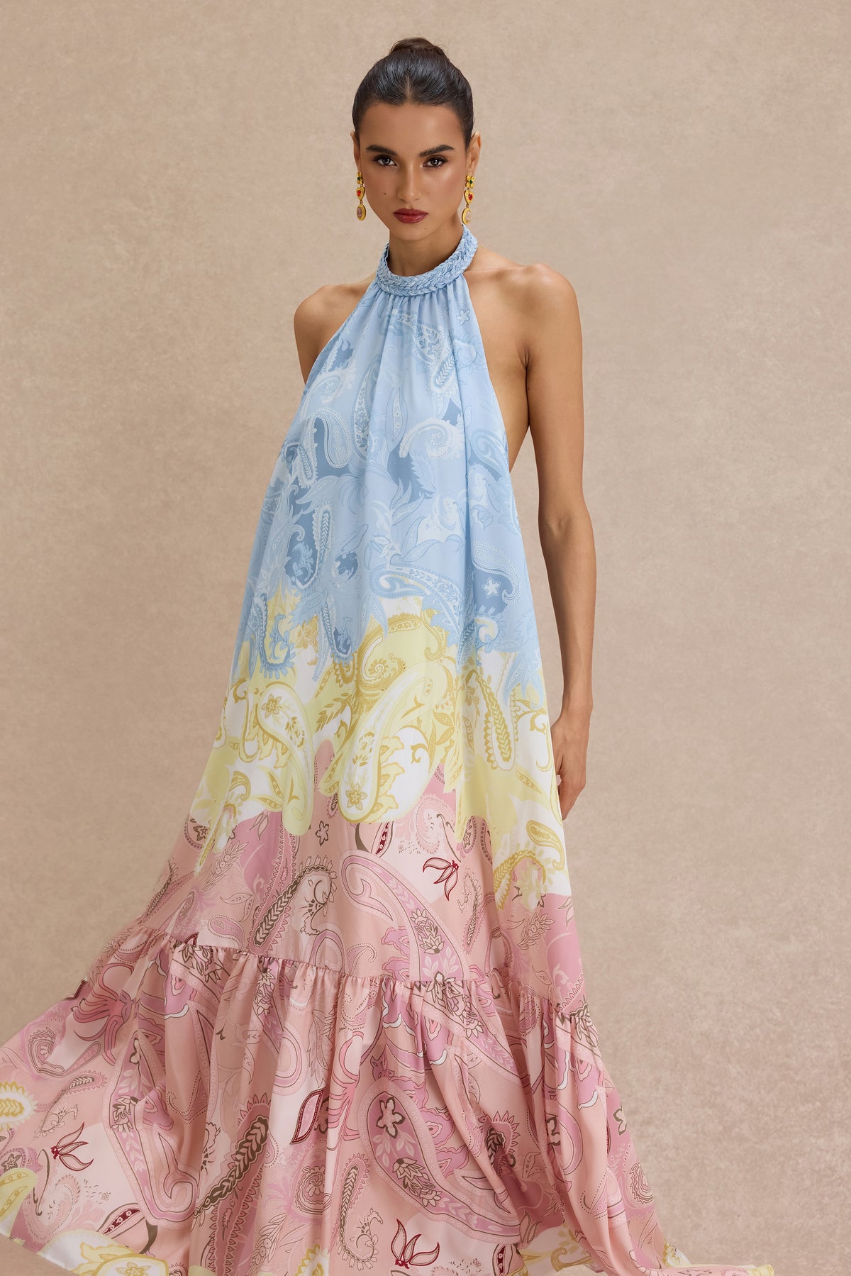 Paisley Print Halter Neck Backless Maxi Dress