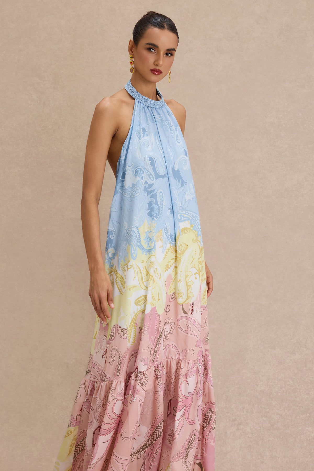 Paisley Print Halter Neck Backless Maxi Dress