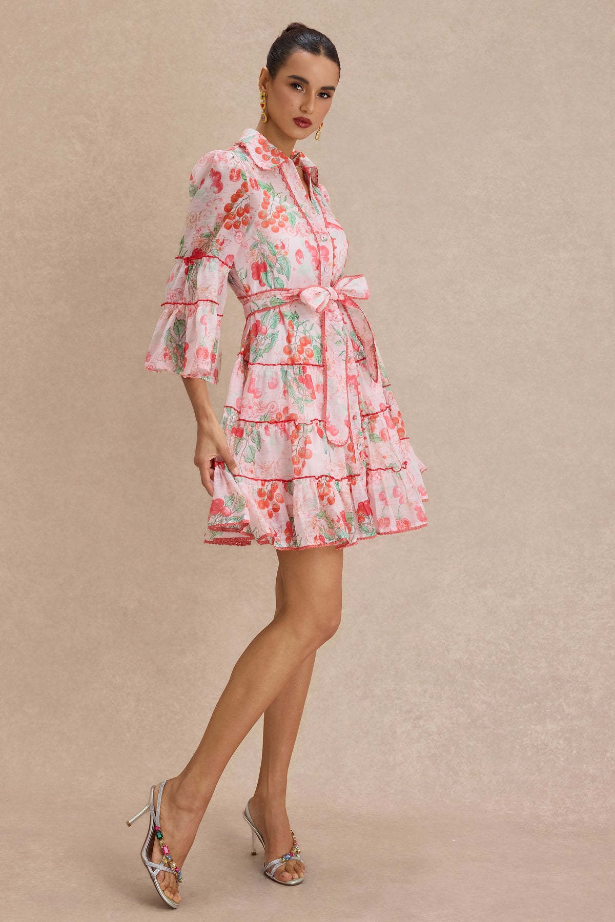 Botanical Print  Lace Single Breasted Mini Dress