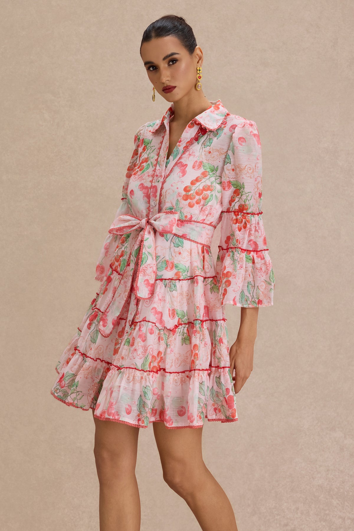 Botanical Print  Lace Single Breasted Mini Dress