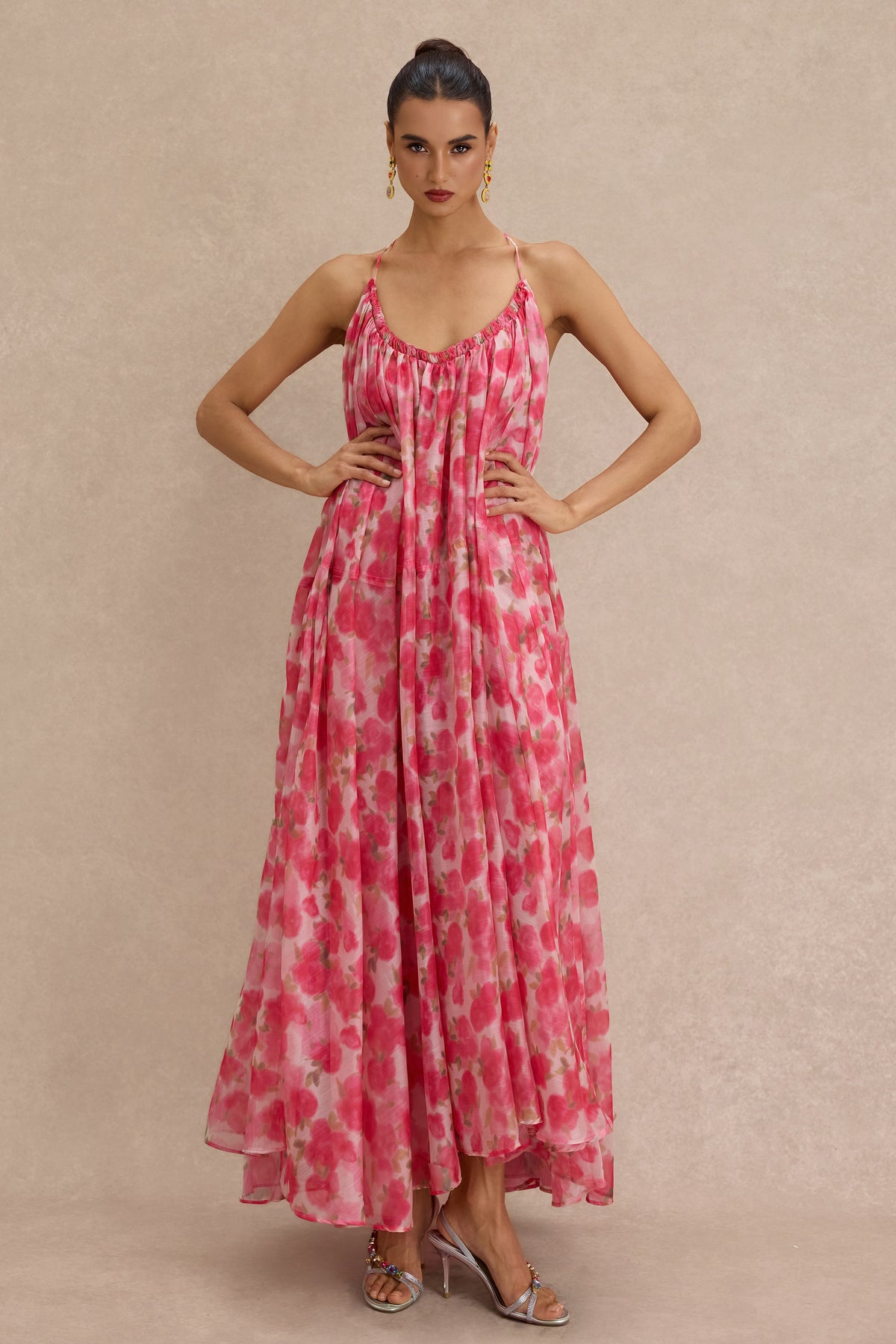 Chiffon Floral Halter Neck Maxi Dress