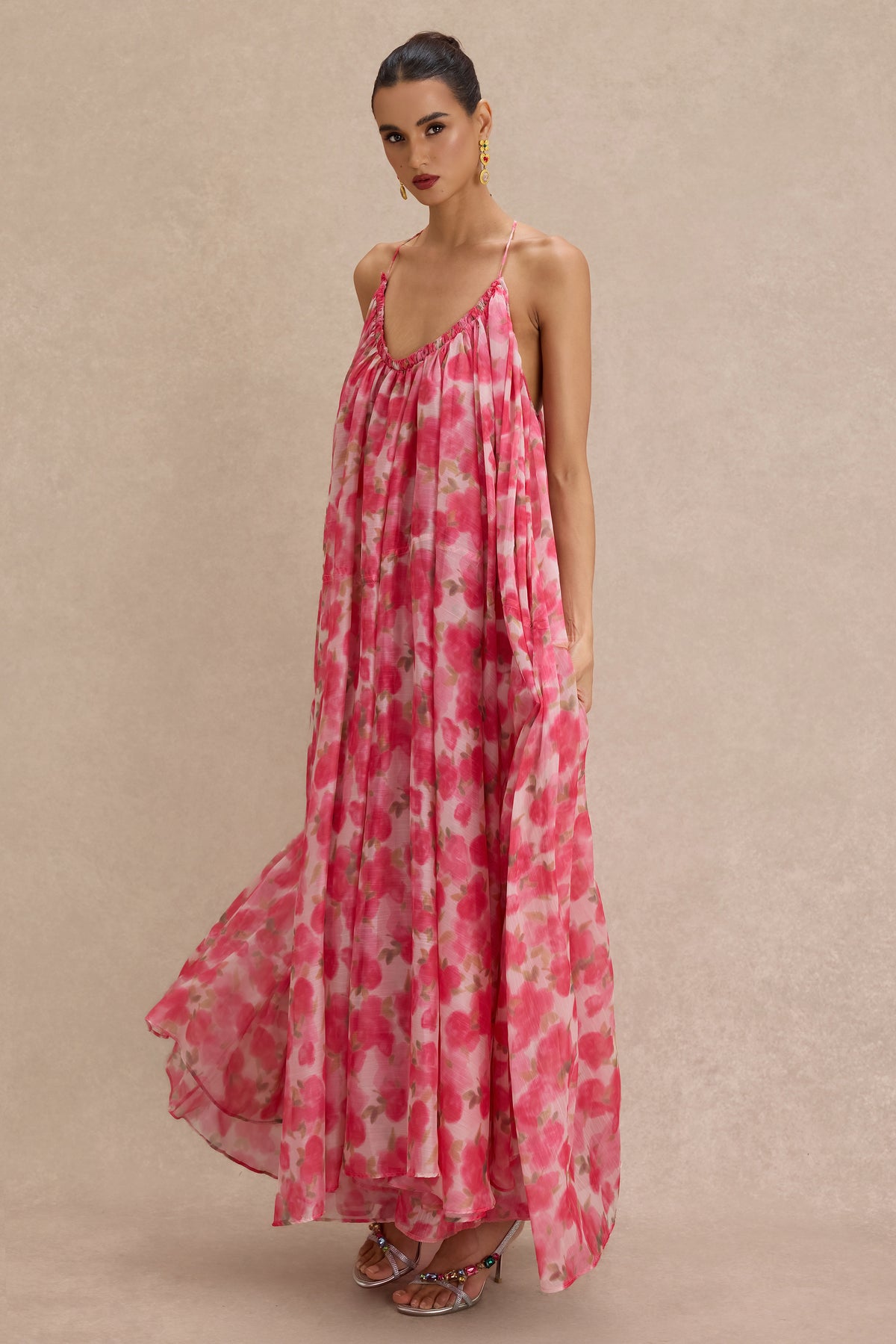 Chiffon Floral Halter Neck Maxi Dress