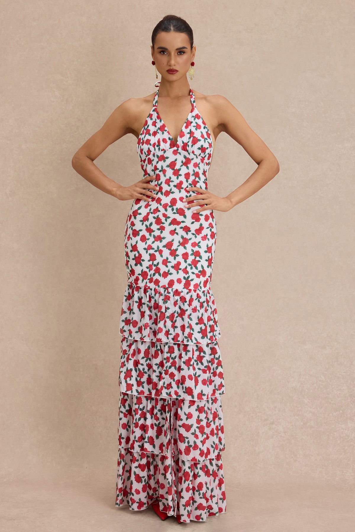 Floral Halter Neck Ruffle Maxi Dress