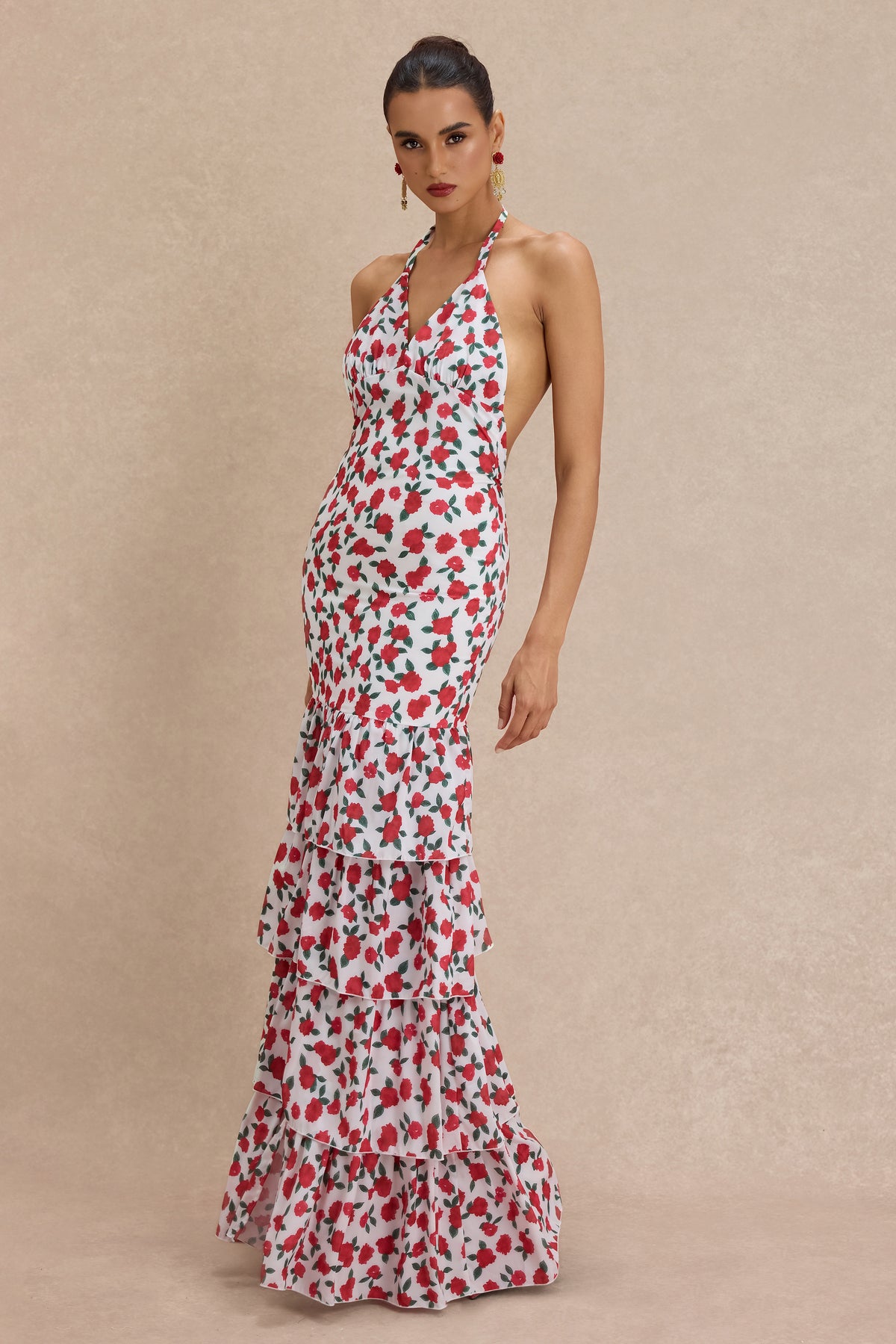 Floral Halter Neck Ruffle Maxi Dress