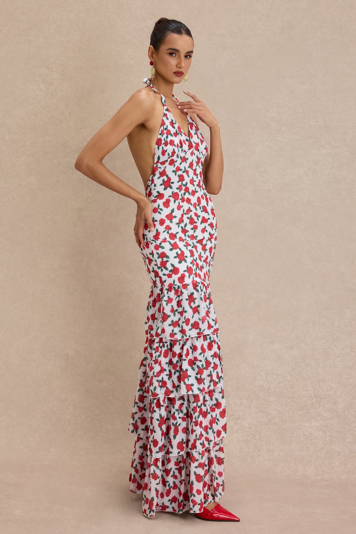 Floral Halter Neck Ruffle Maxi Dress