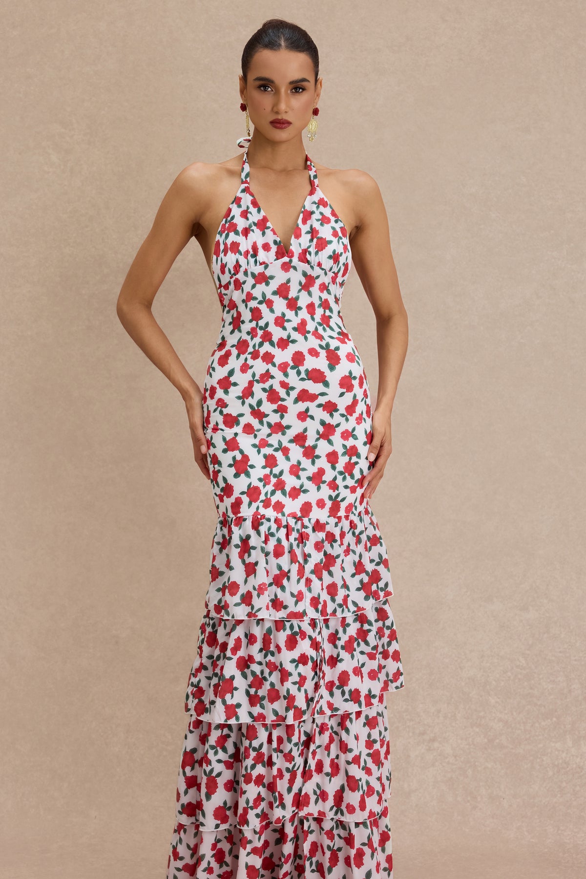 Floral Halter Neck Ruffle Maxi Dress