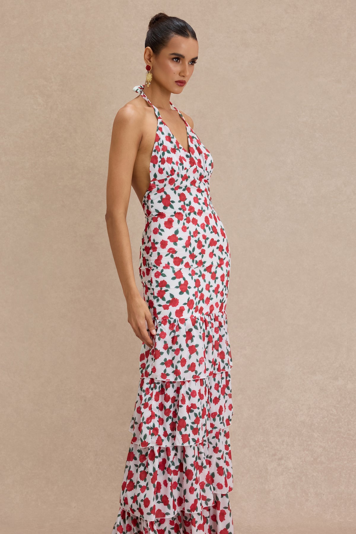 Floral Halter Neck Ruffle Maxi Dress