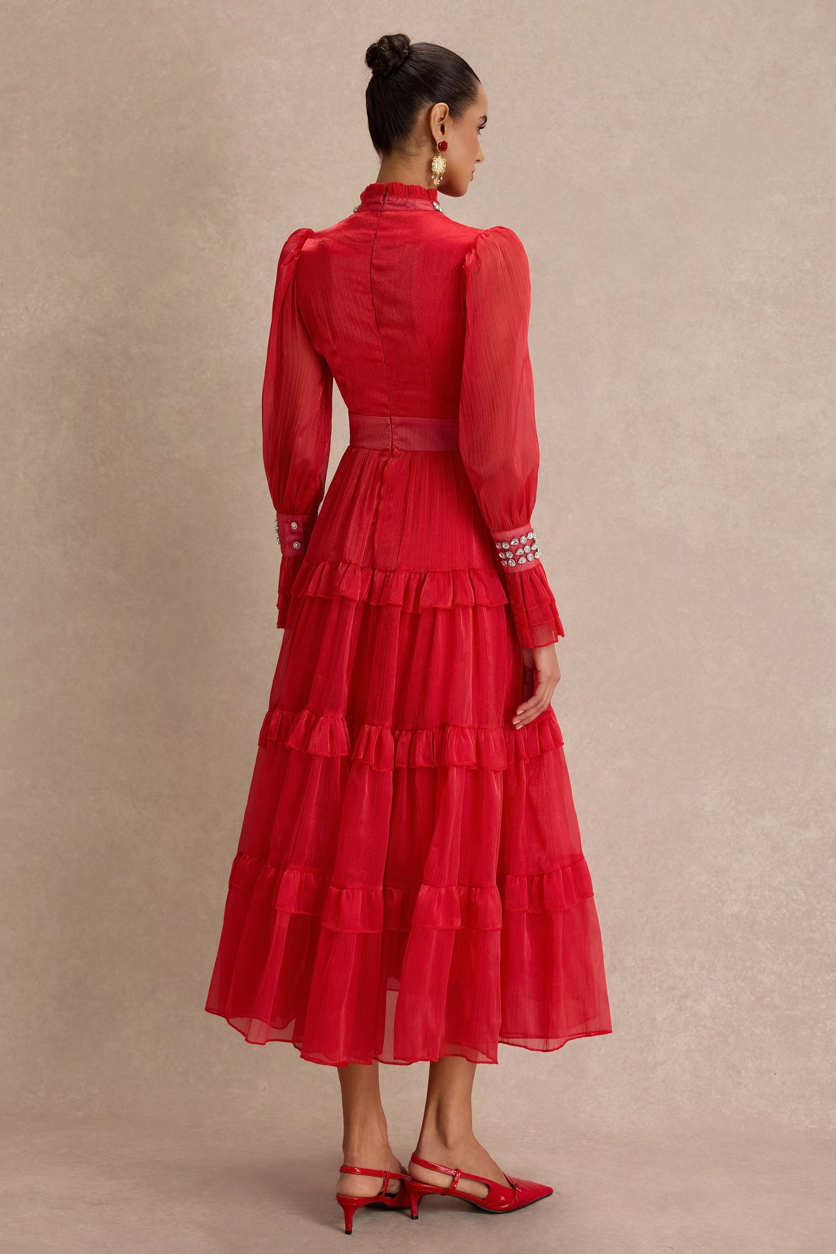 Solid Rhinestone Rivets Ruffle Midi Dress