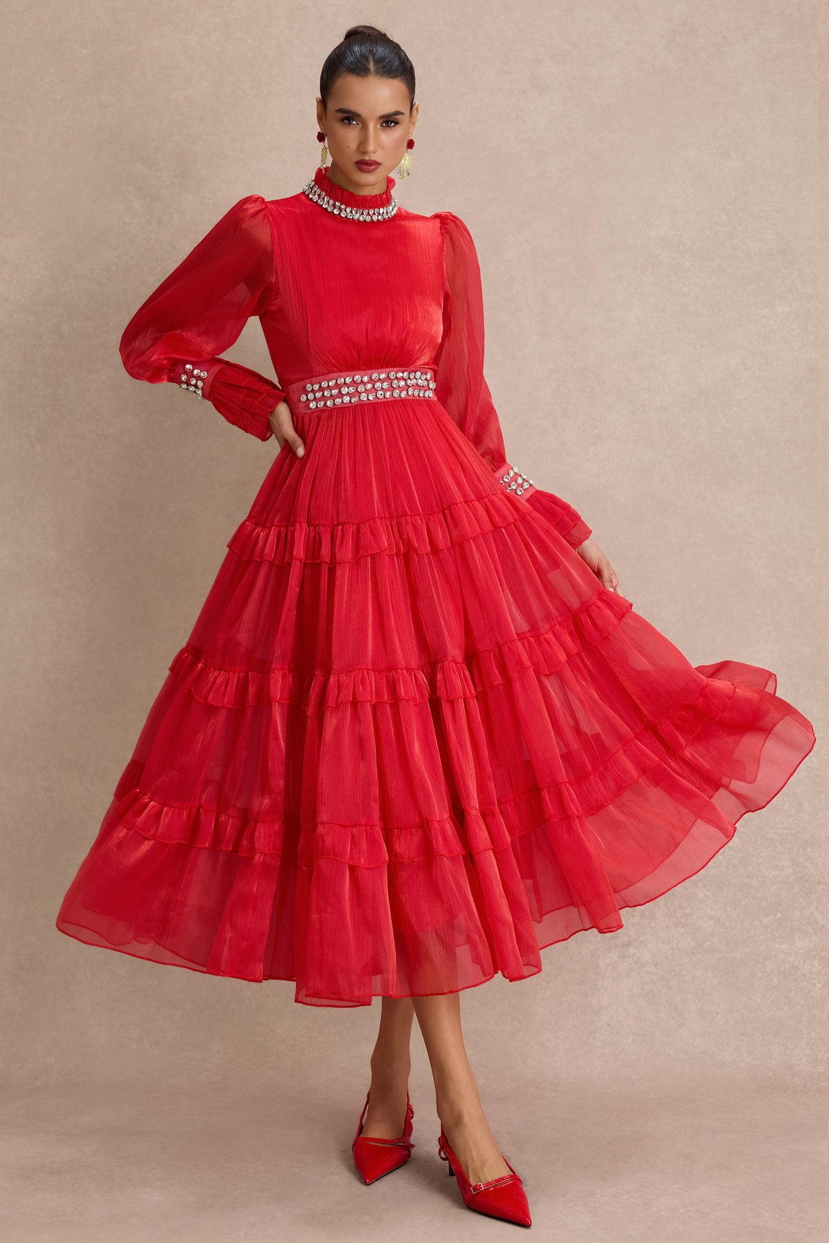 Solid Rhinestone Rivets Ruffle Midi Dress