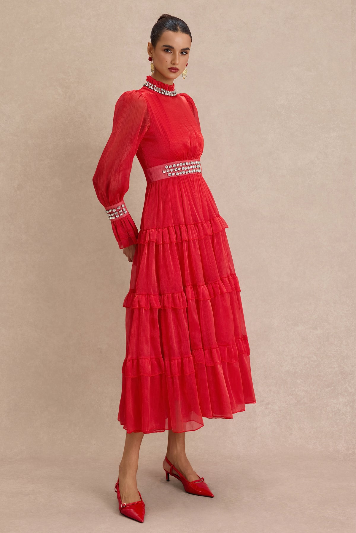 Solid Rhinestone Rivets Ruffle Midi Dress