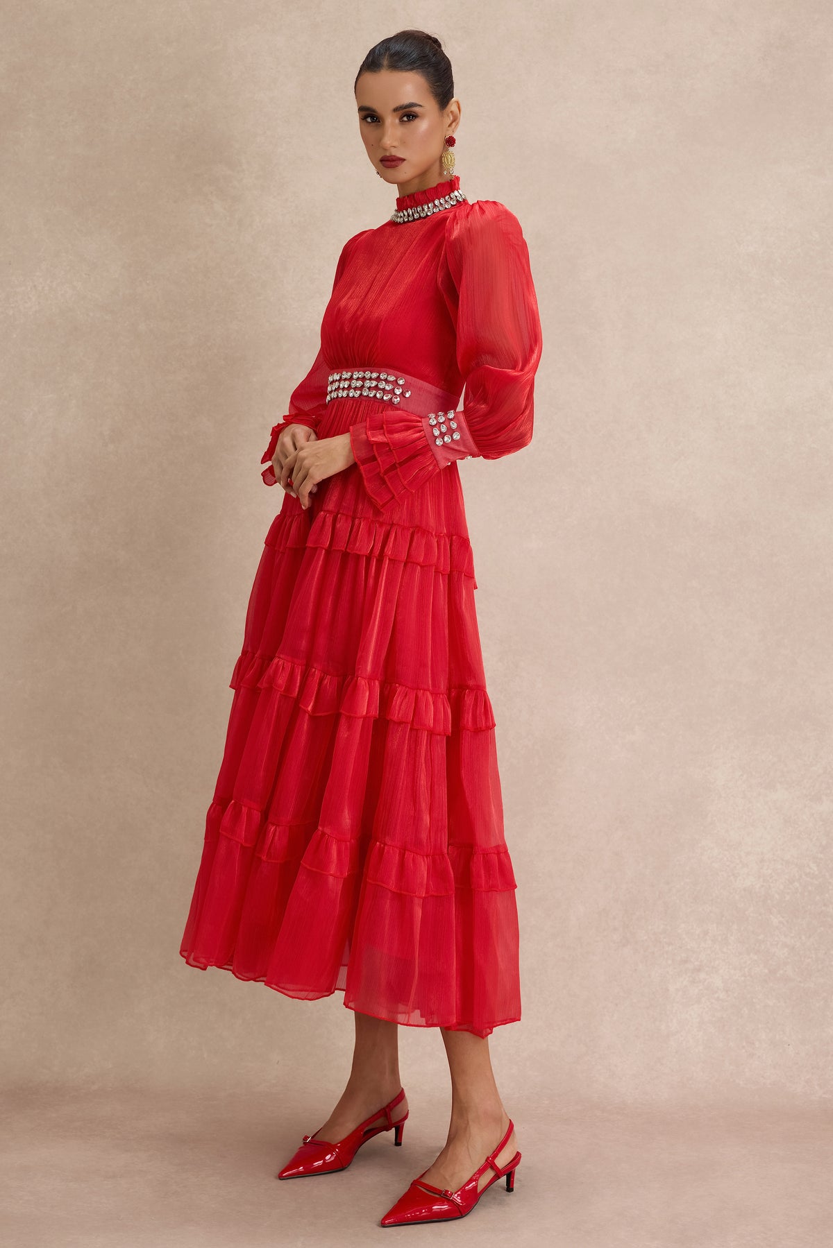 Solid Rhinestone Rivets Ruffle Midi Dress