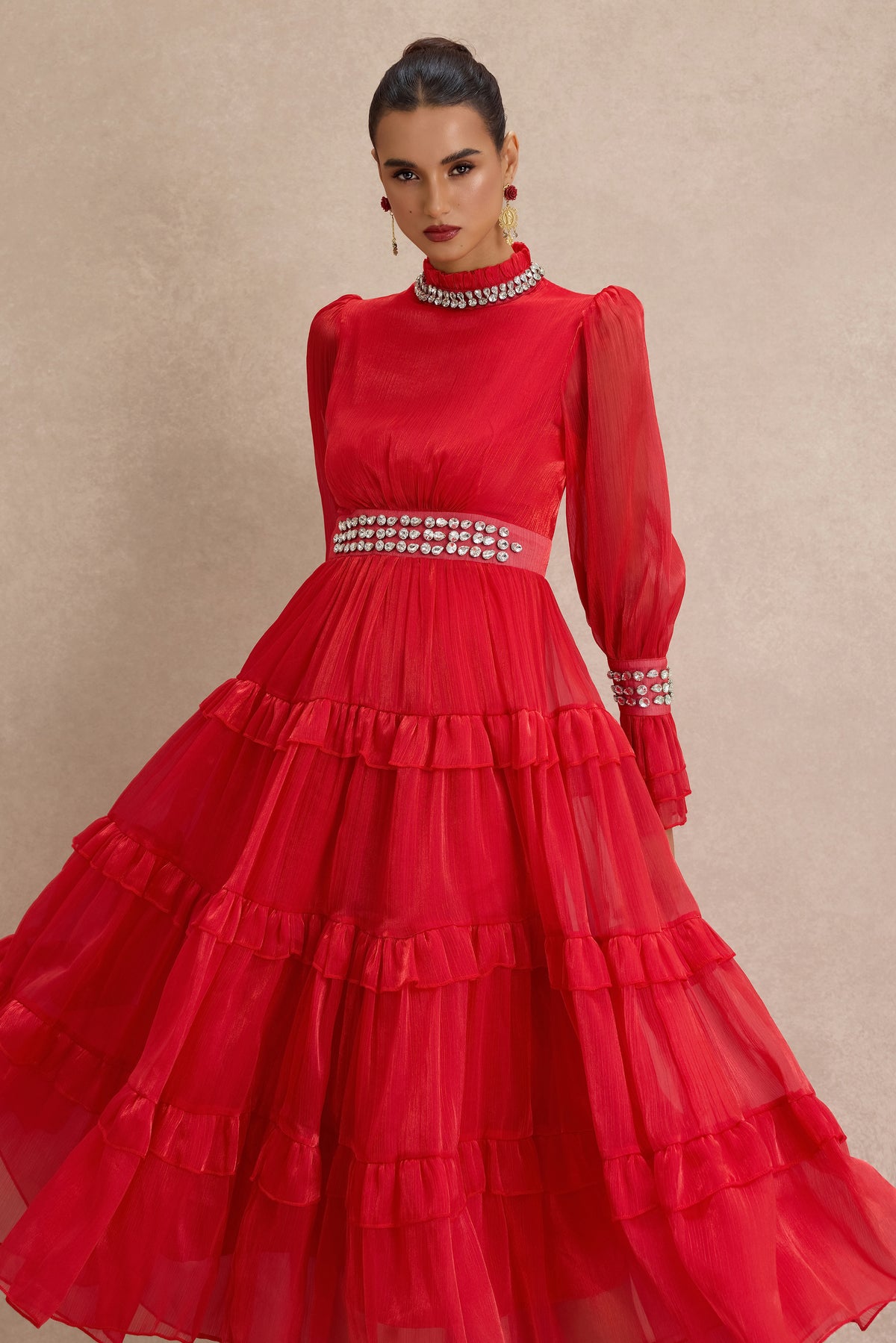 Solid Rhinestone Rivets Ruffle Midi Dress
