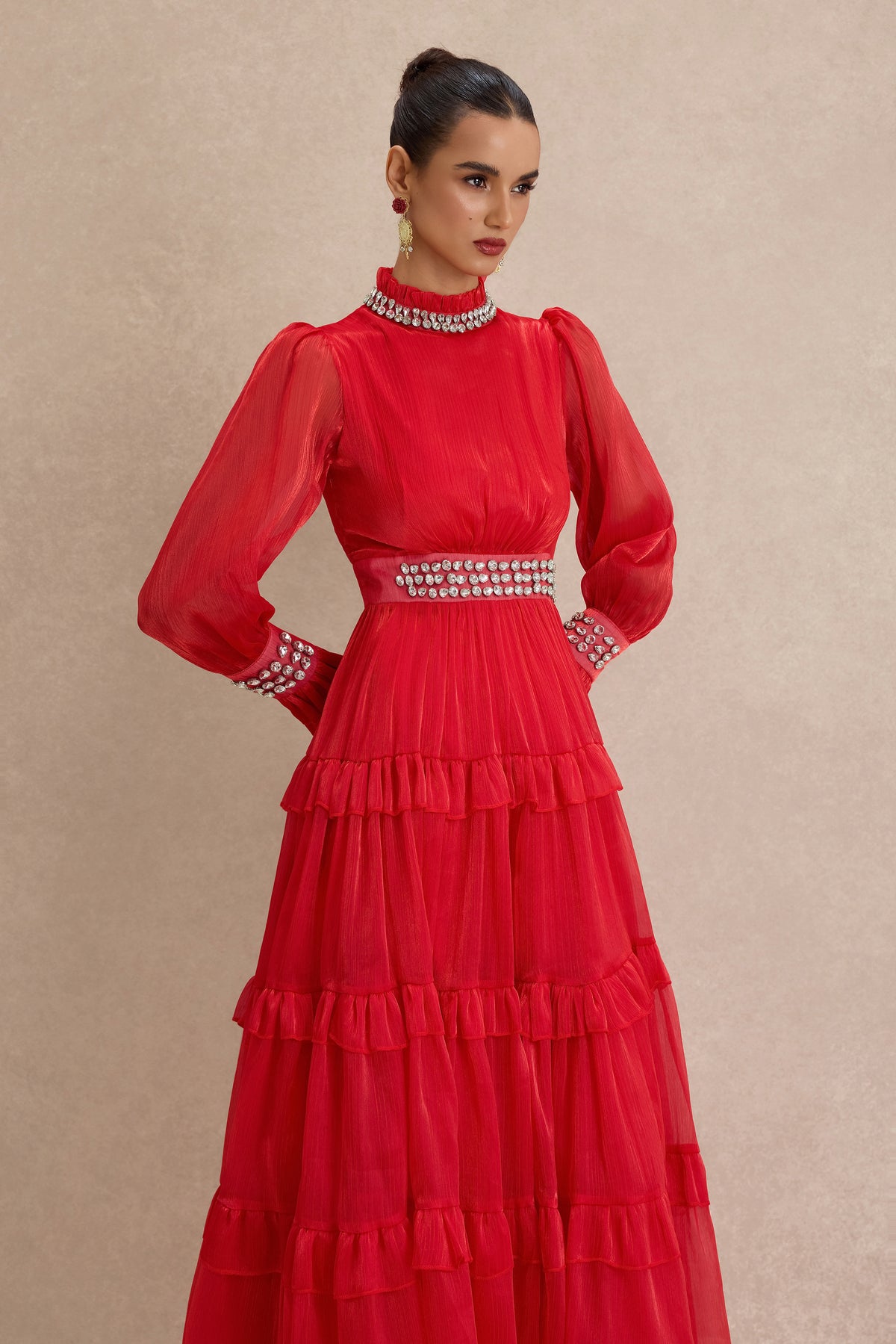 Solid Rhinestone Rivets Ruffle Midi Dress