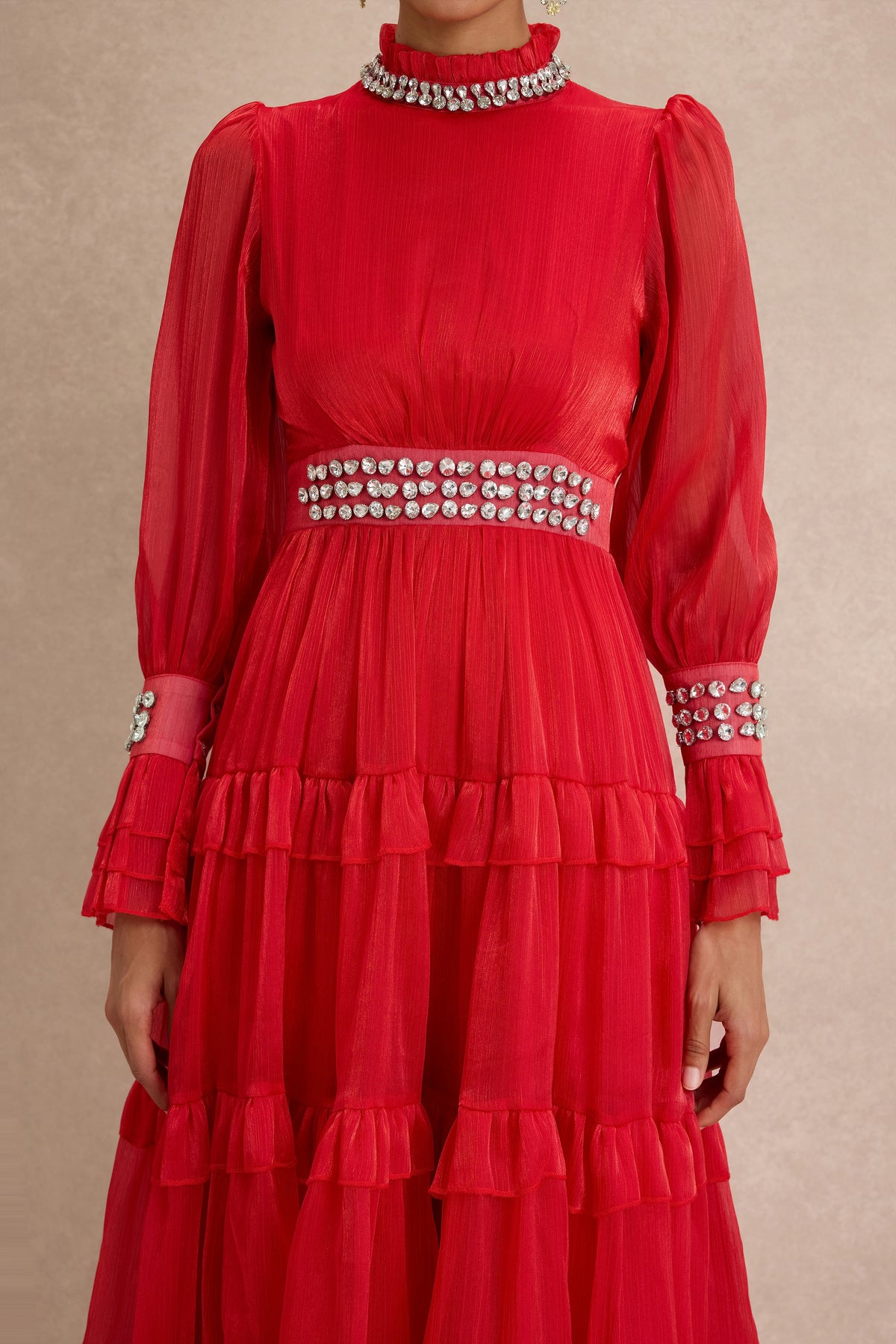 Solid Rhinestone Rivets Ruffle Midi Dress