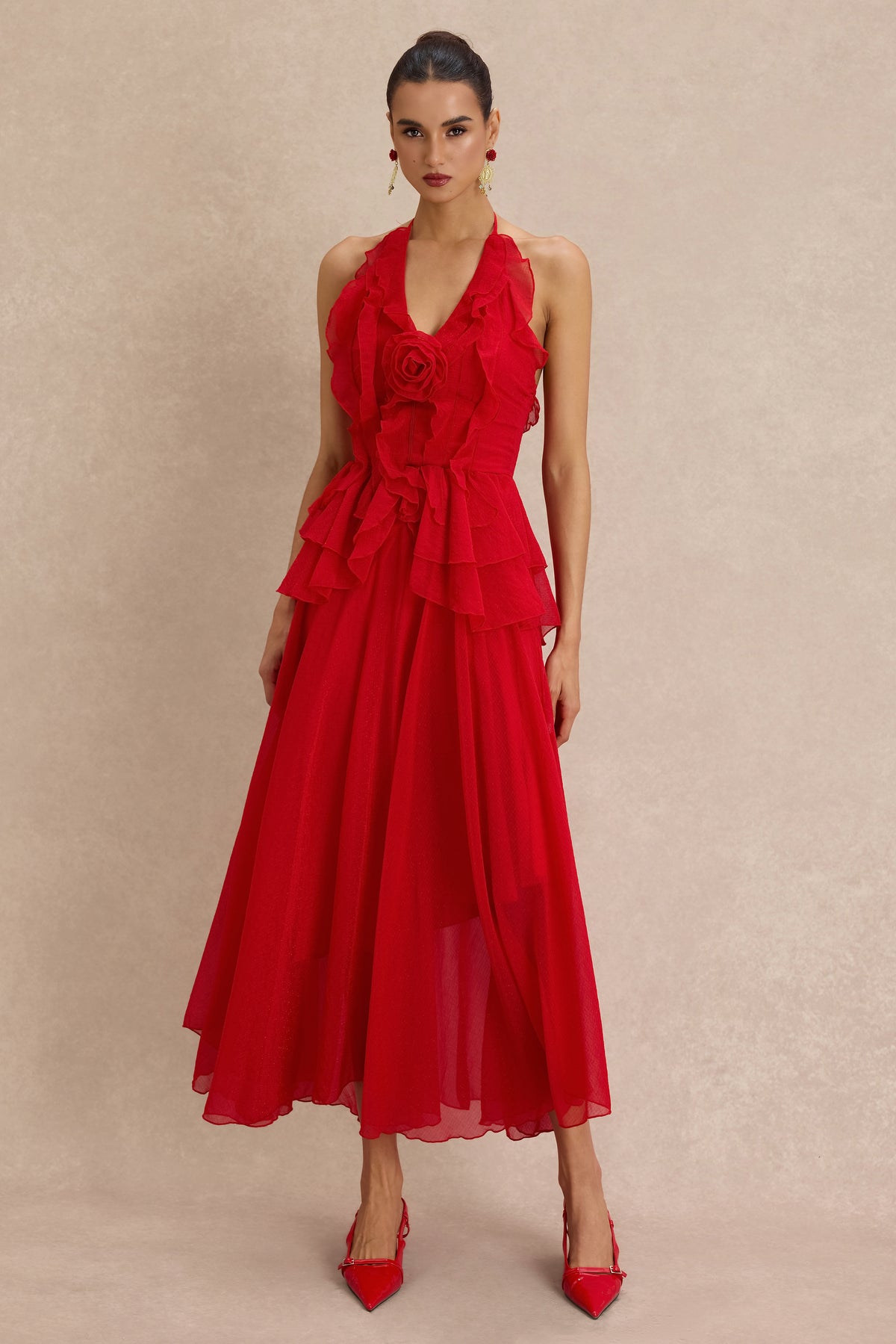 3D Flower Frill Backless Midi Dress