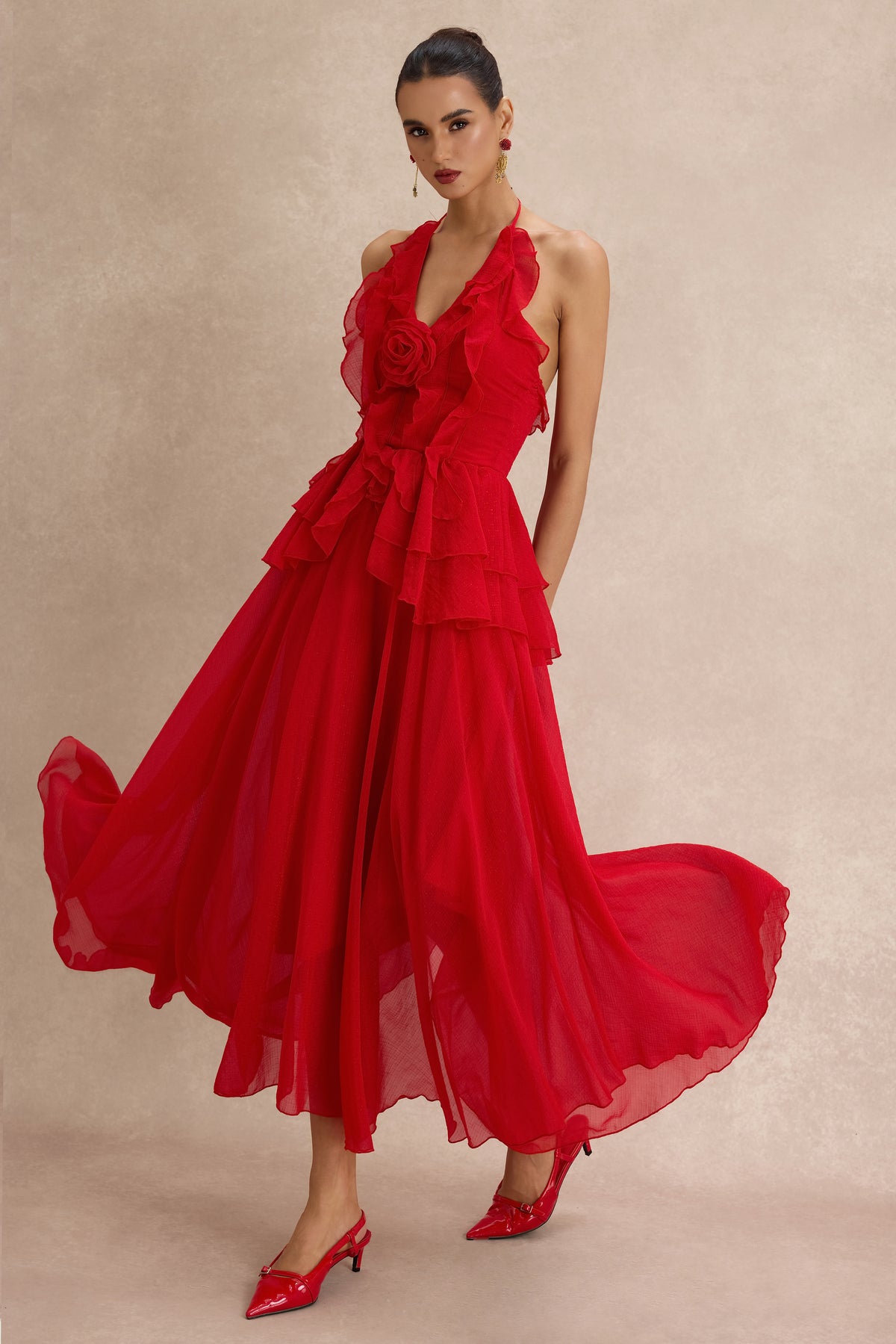 3D Flower Frill Backless Midi Dress