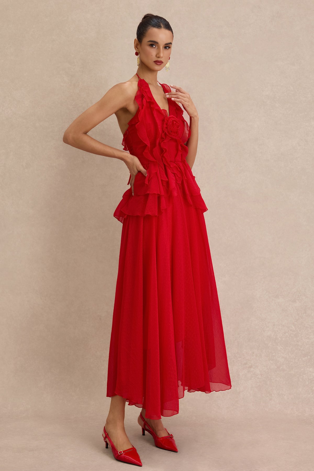 3D Flower Frill Backless Midi Dress