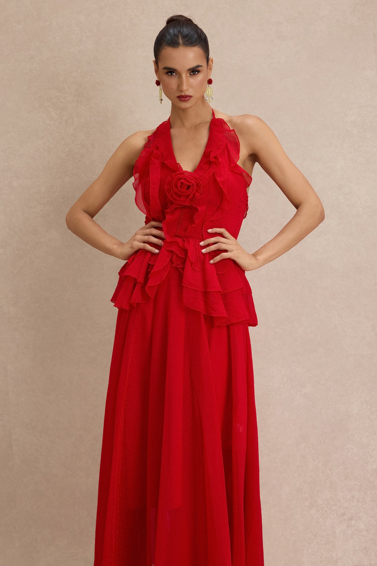 3D Flower Frill Backless Midi Dress