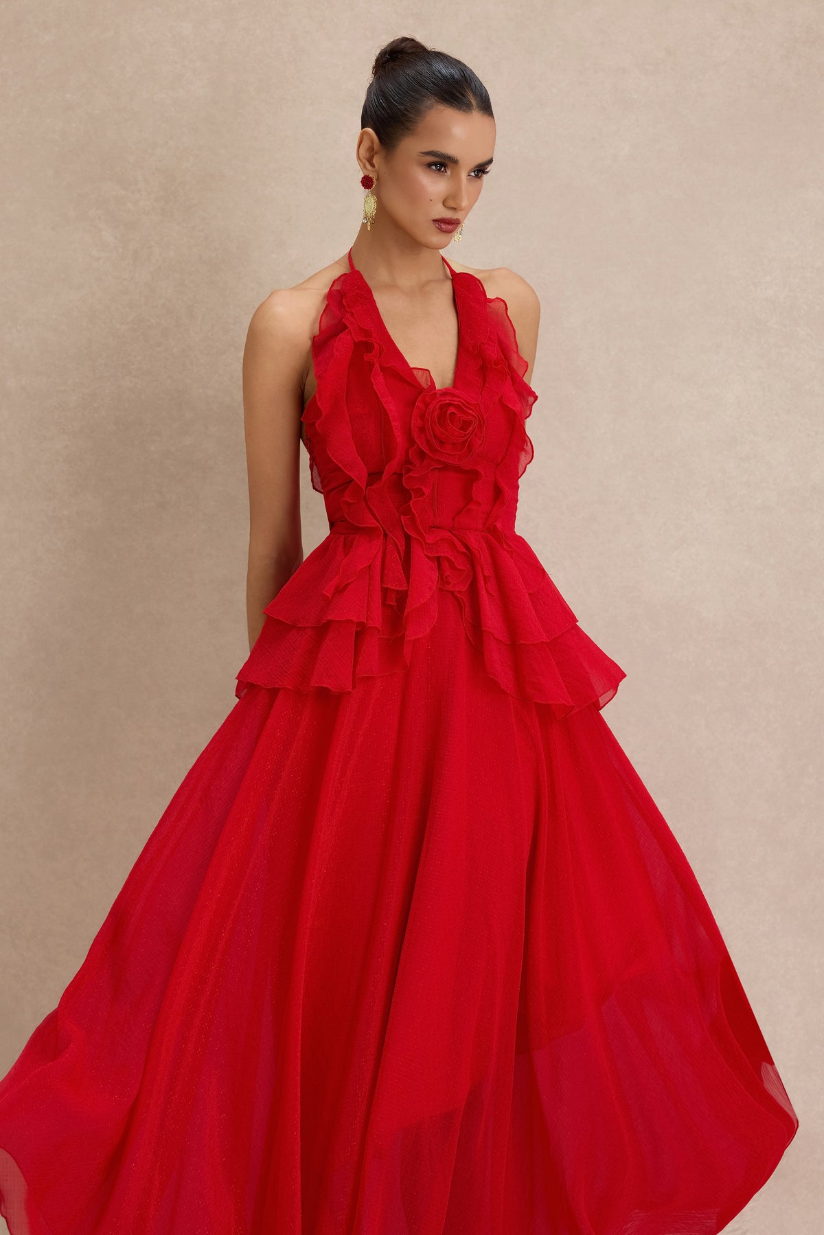 3D Flower Frill Backless Midi Dress