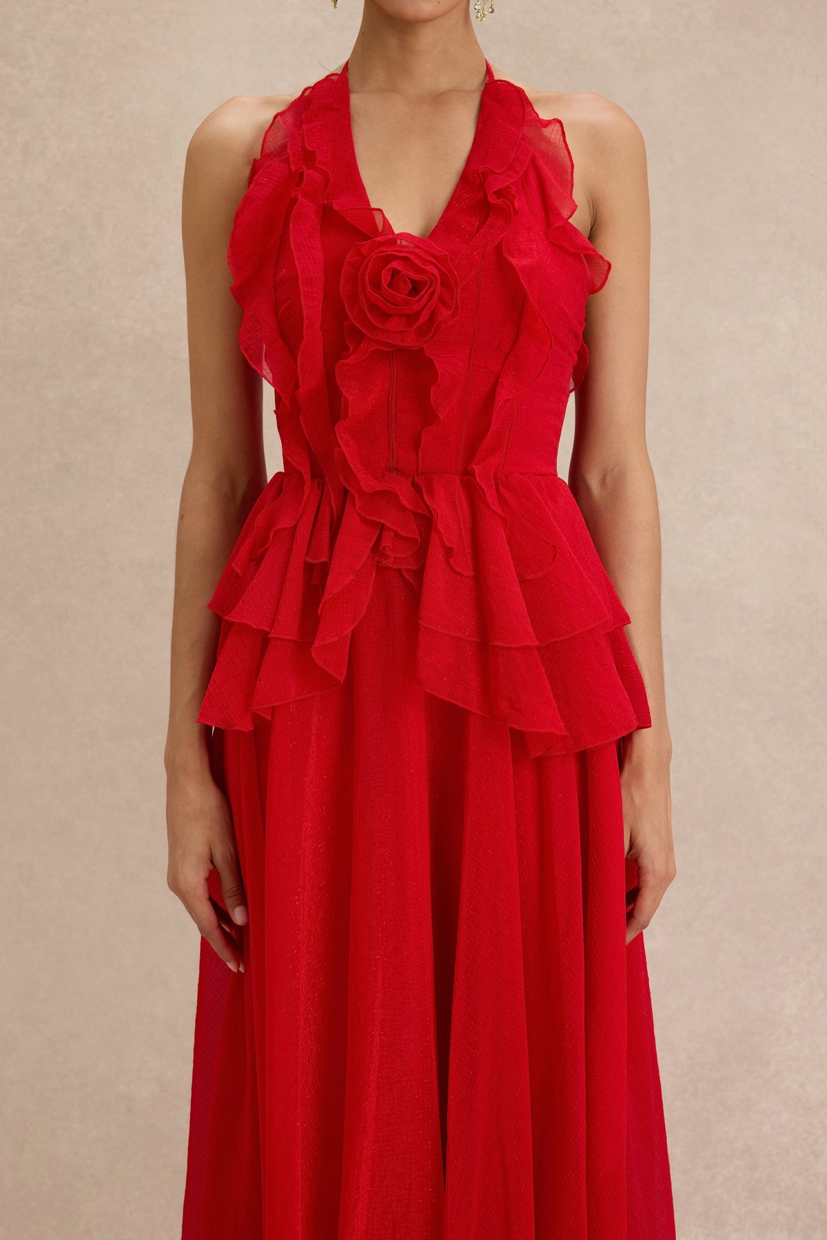 3D Flower Frill Backless Midi Dress